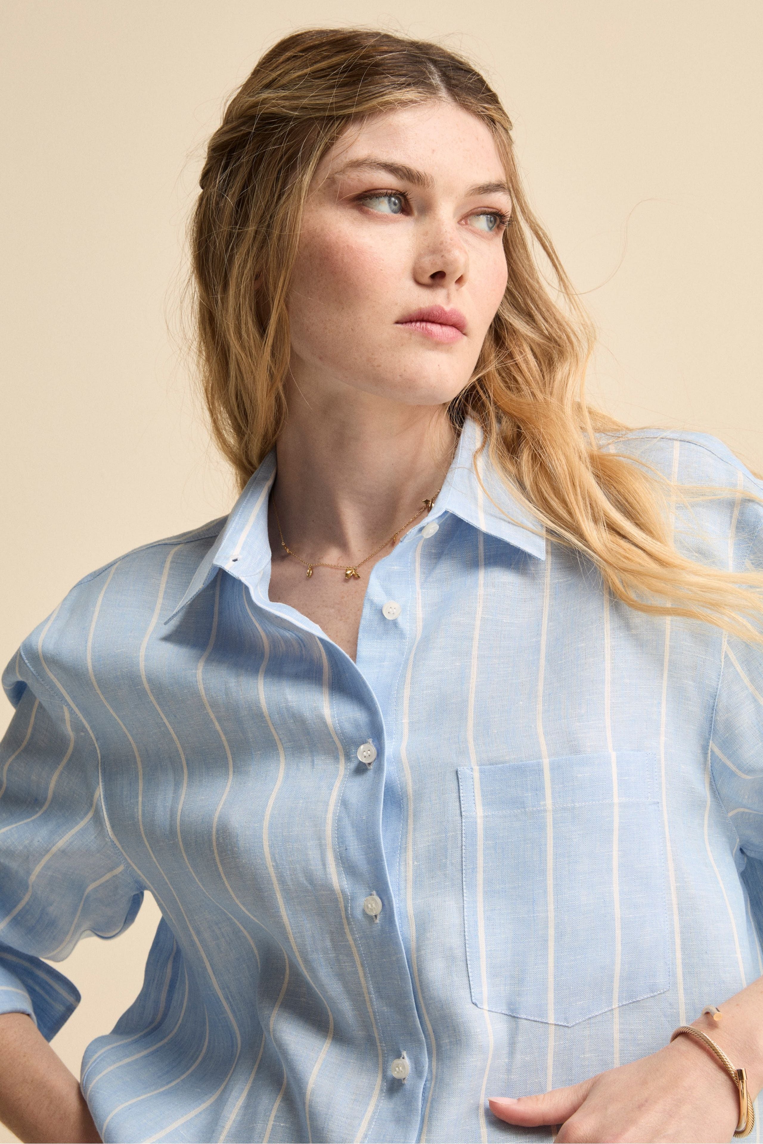 Camicia Over in Lino con Taschino - AZZURRO RIGATO