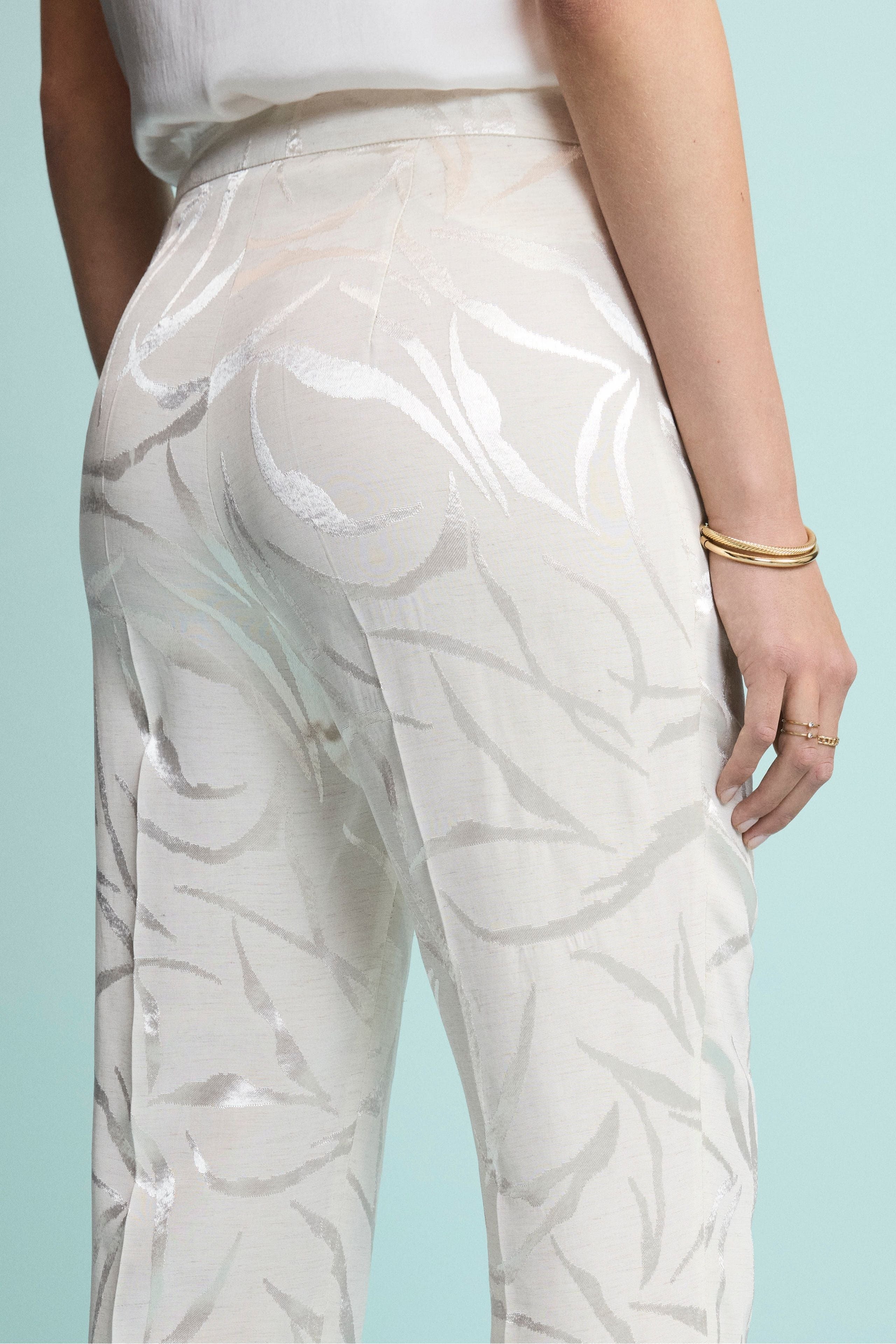 Pantalone a Sigaretta Damascato in Misto Lino - ECRU