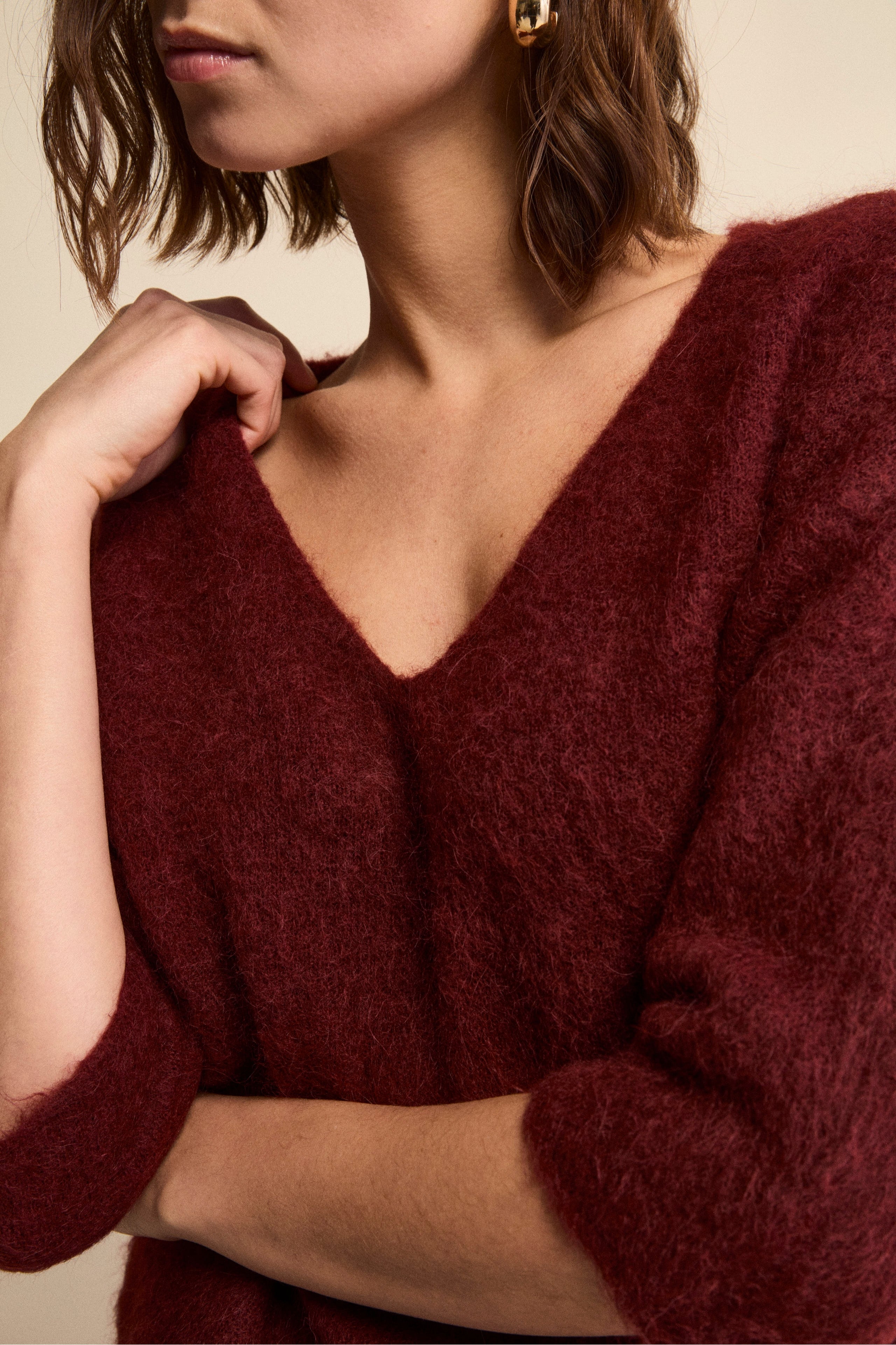 Maglia Boxy Scollo a V in Misto Alpaca - BORDEAUX