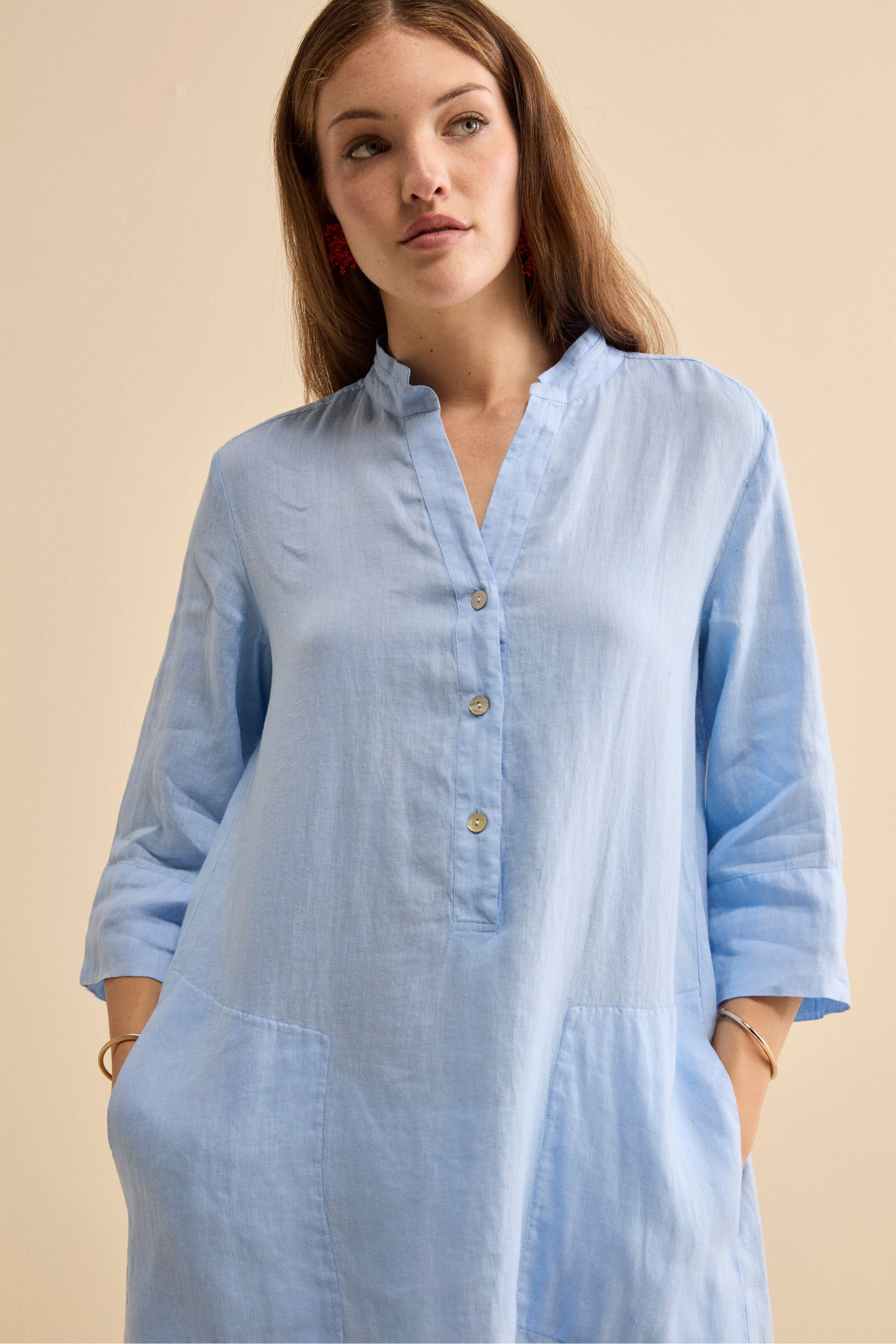 Abito Chemisier Midi in Lino con Collo Coreana - AZZURRO