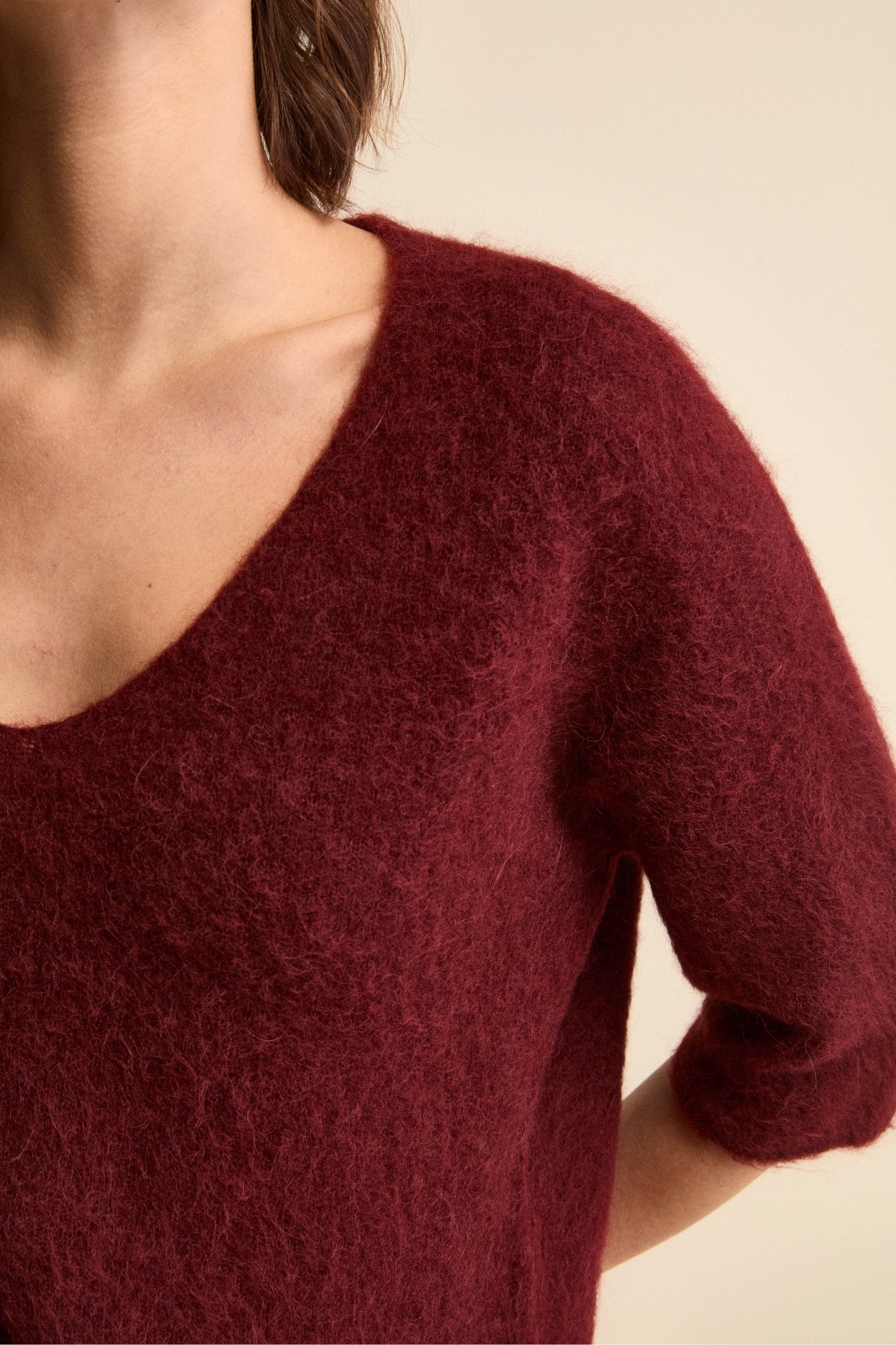 Maglia Boxy Scollo a V in Misto Alpaca - BORDEAUX