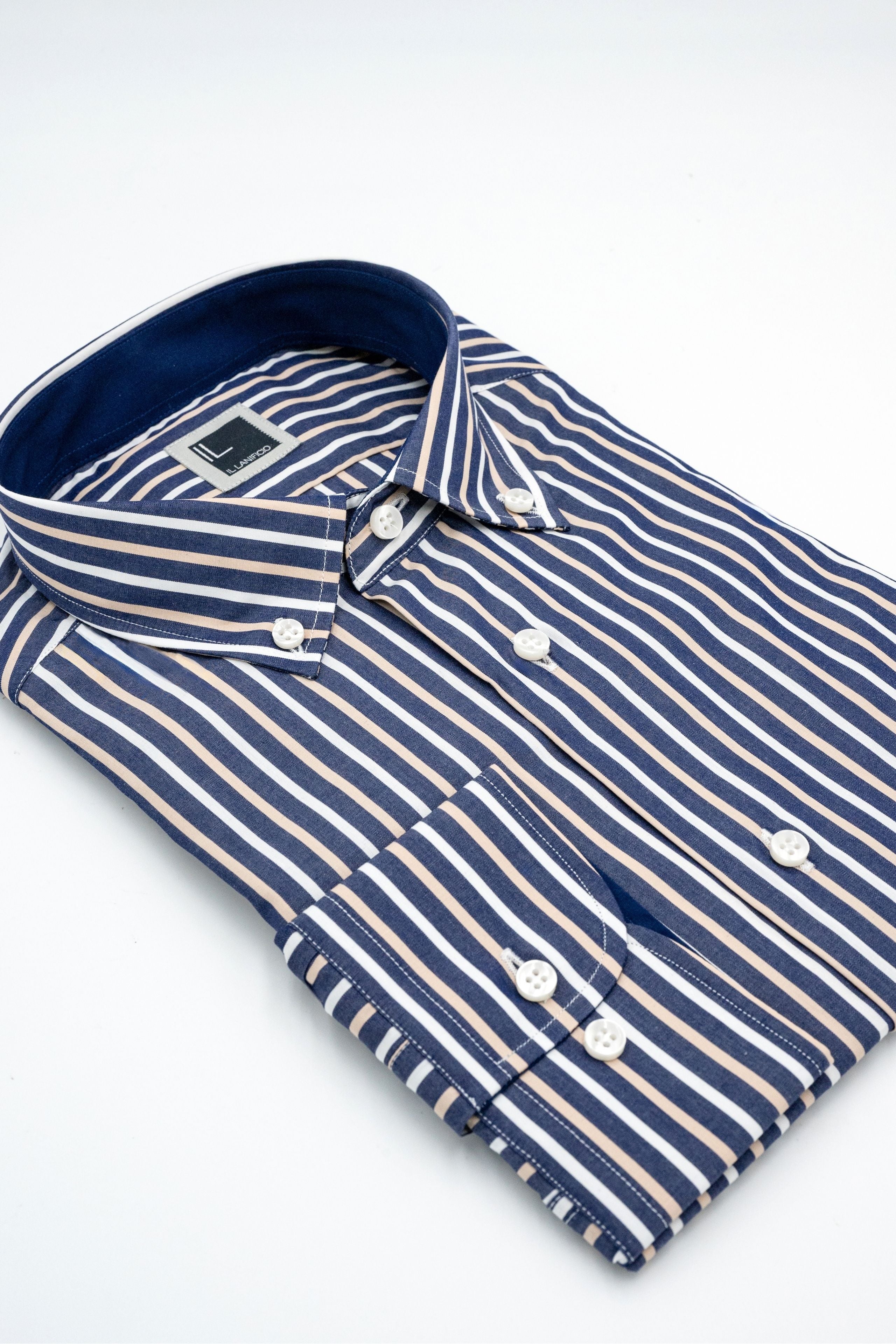 Camicia Slim Fit a Righe Button Down - RIGATO BLU/BEIGE