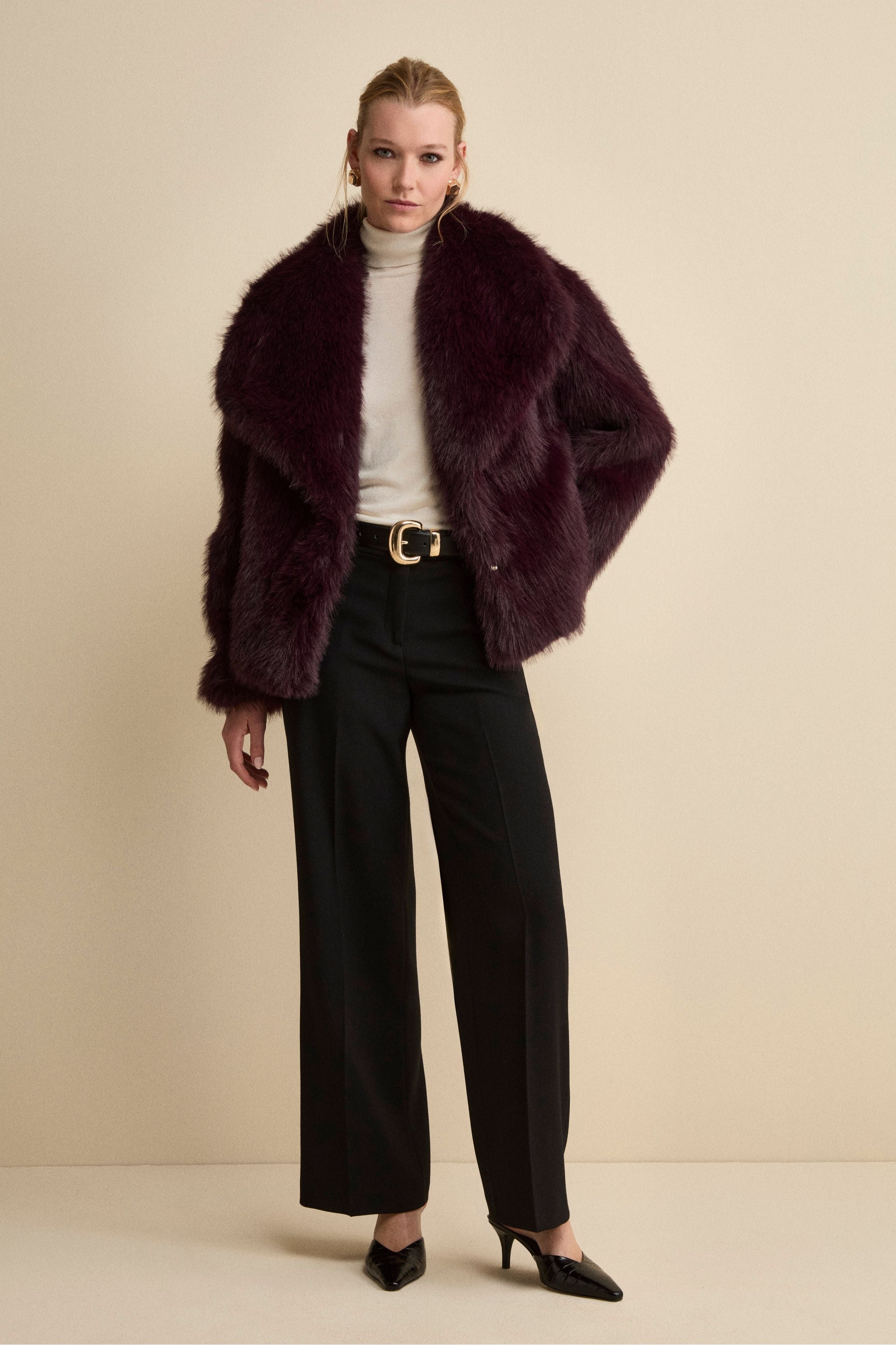 Pantalone con Pieghe a Palazzo in Misto Lana - NERO