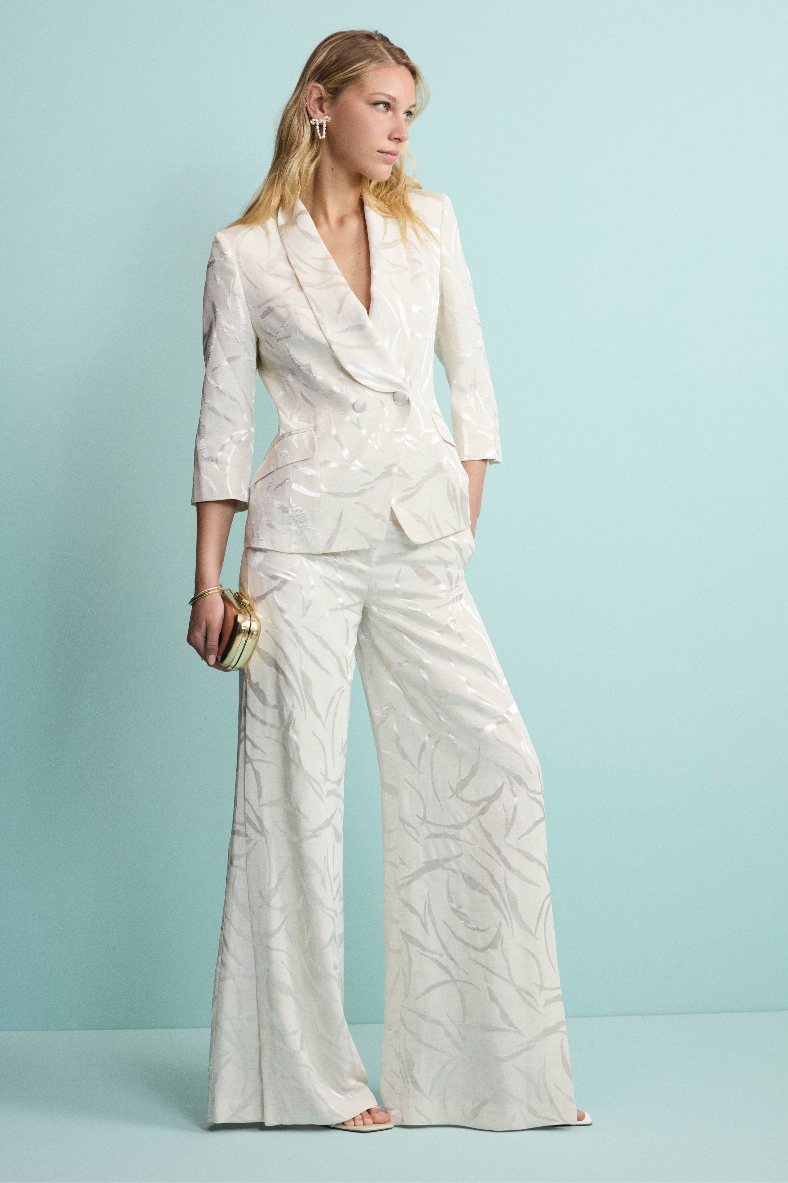 Pantalone Aperto Damascato in Misto Lino - ECRU