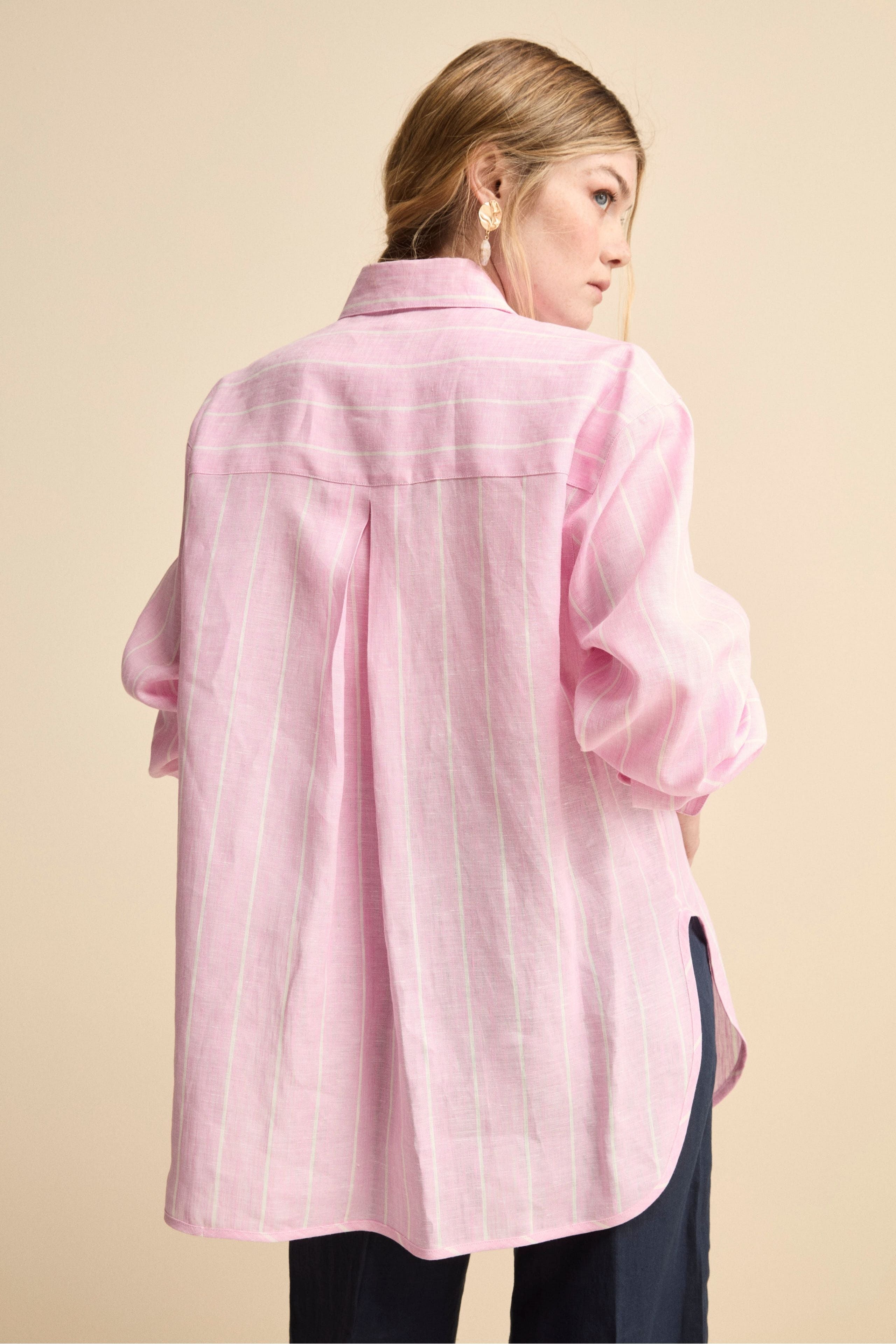 Camicia Over in Lino con Taschino - ROSA RIGATO