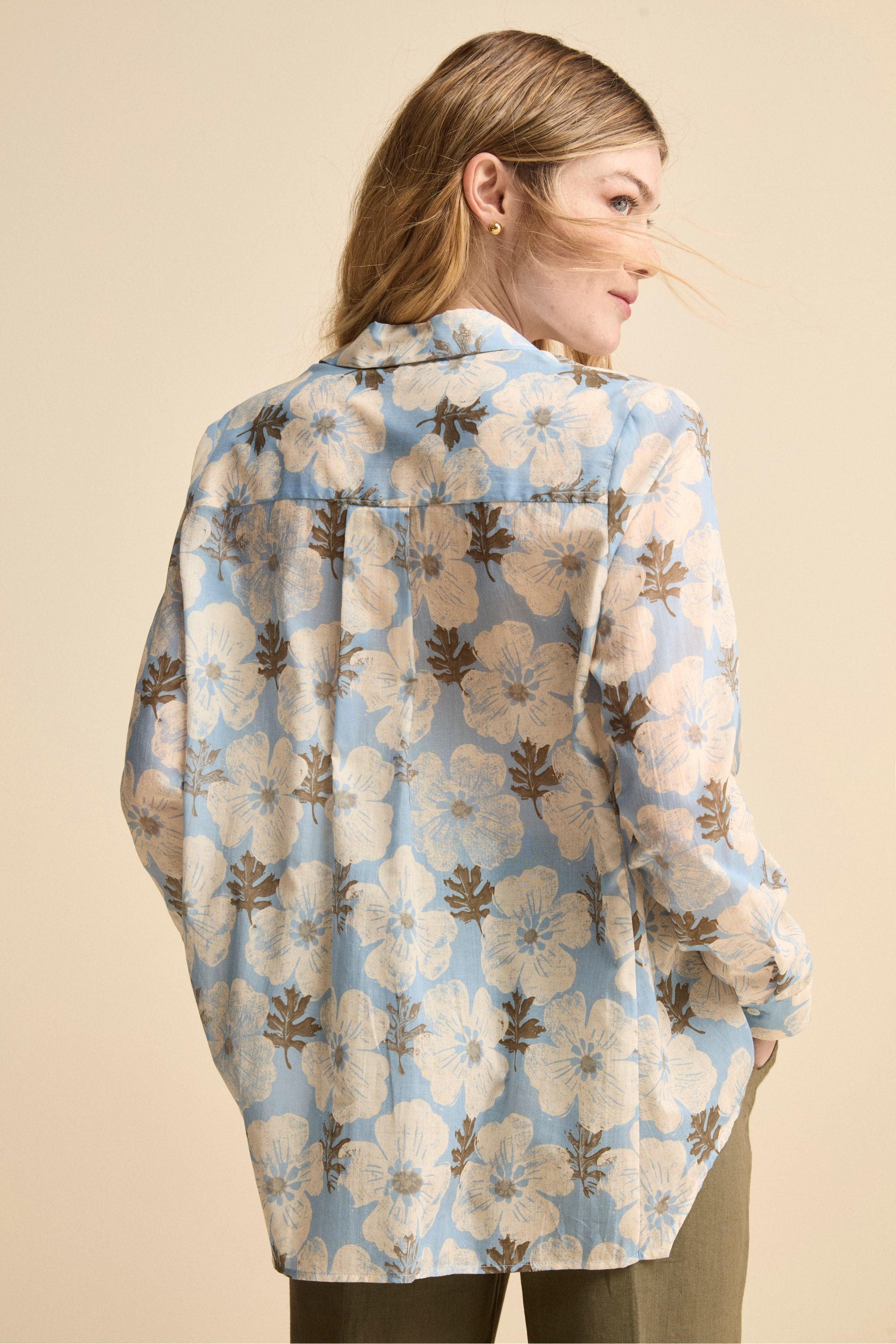 Camicia Over Floreale in Voile di Cotone - FANT. BIANCO/AZZURRO