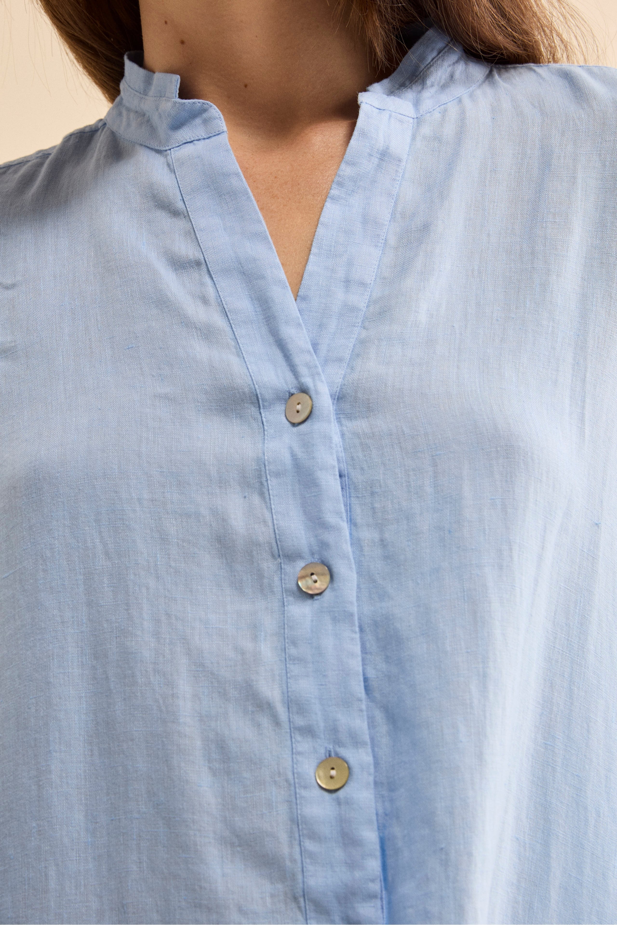 Abito Chemisier Midi in Lino con Collo Coreana - AZZURRO