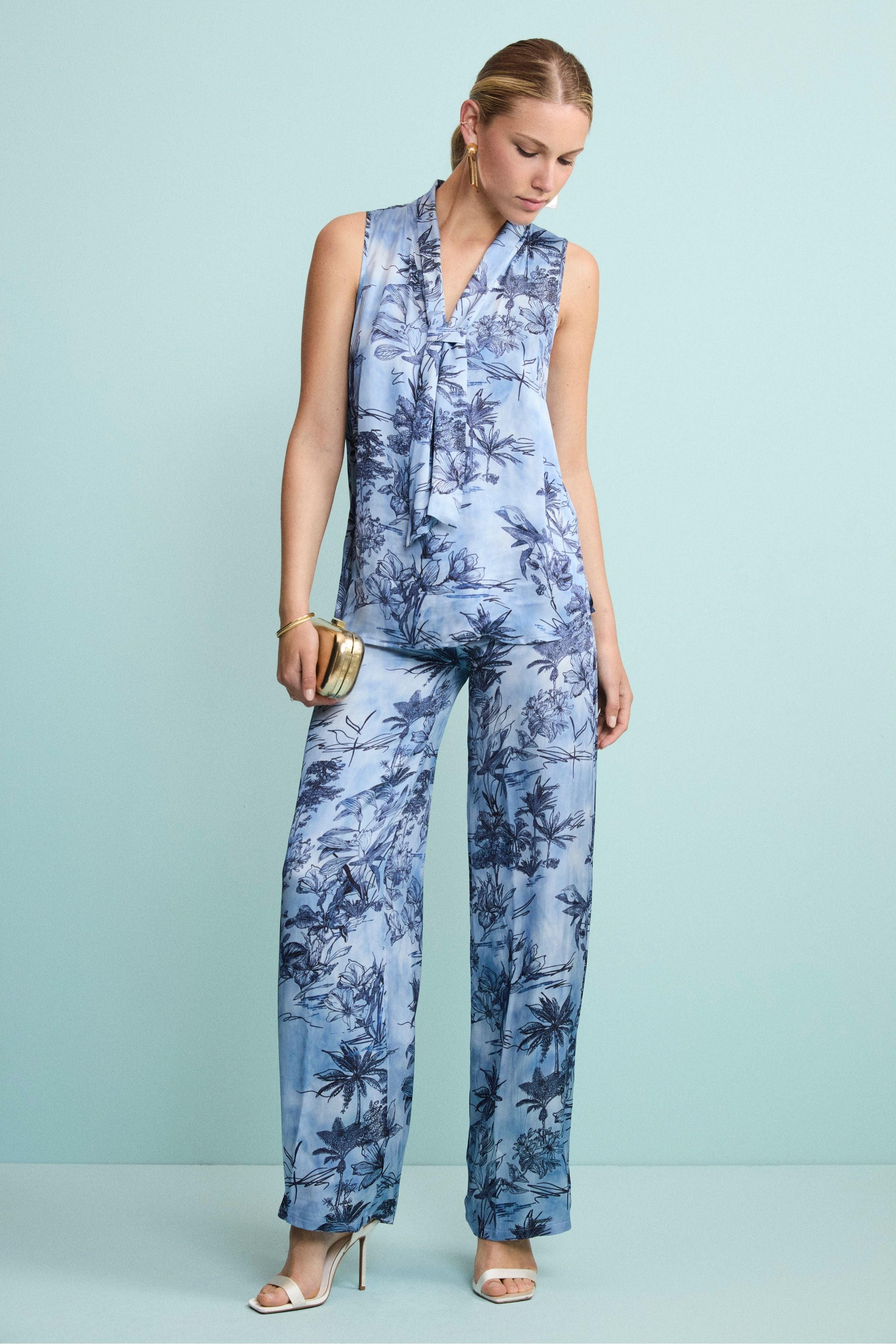 Pantalone Elegante Floreale a Gamba Larga - FANT. BLU