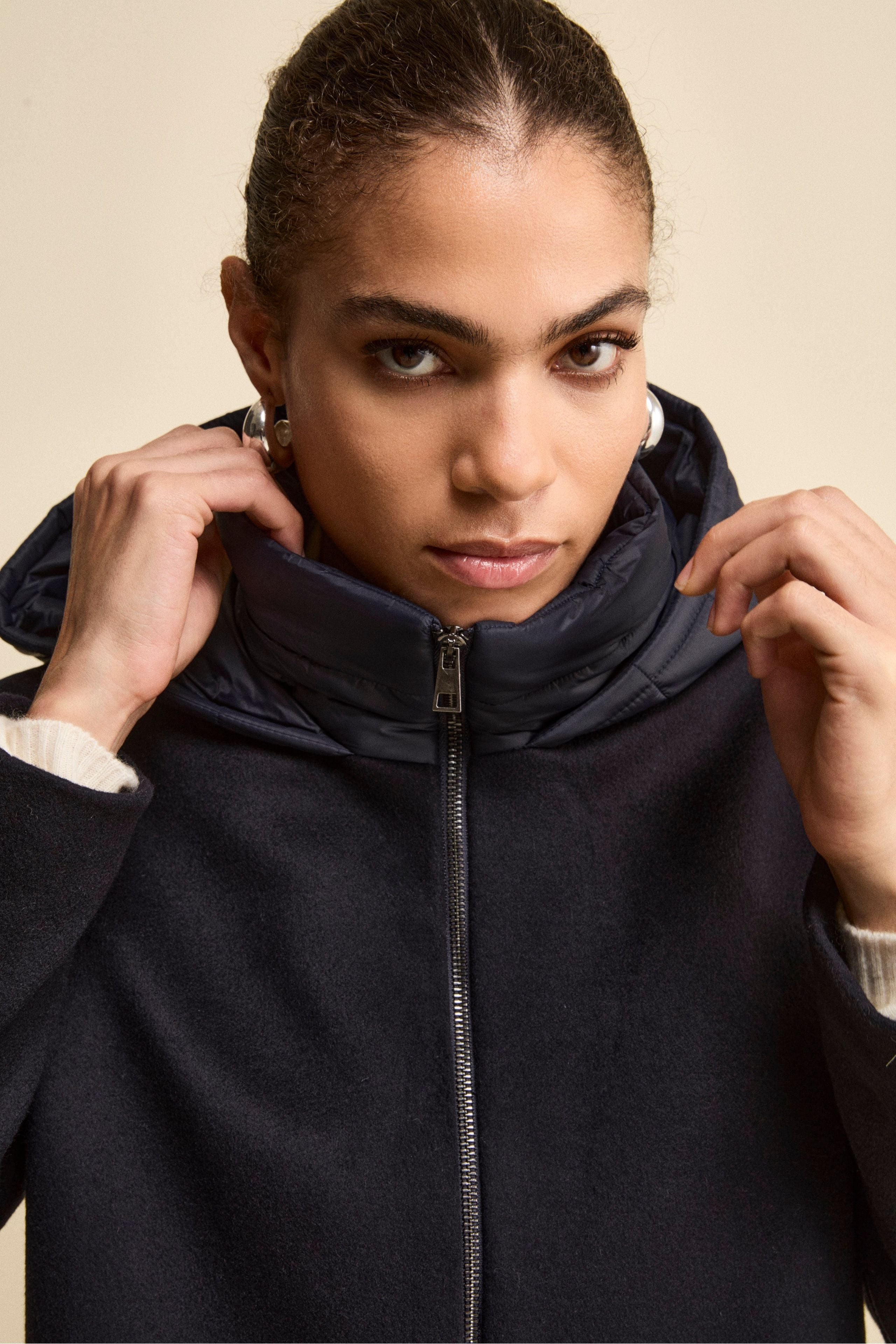 Cappotto Midi in Lana e Cashmere con Zip e Cappuccio - BLU