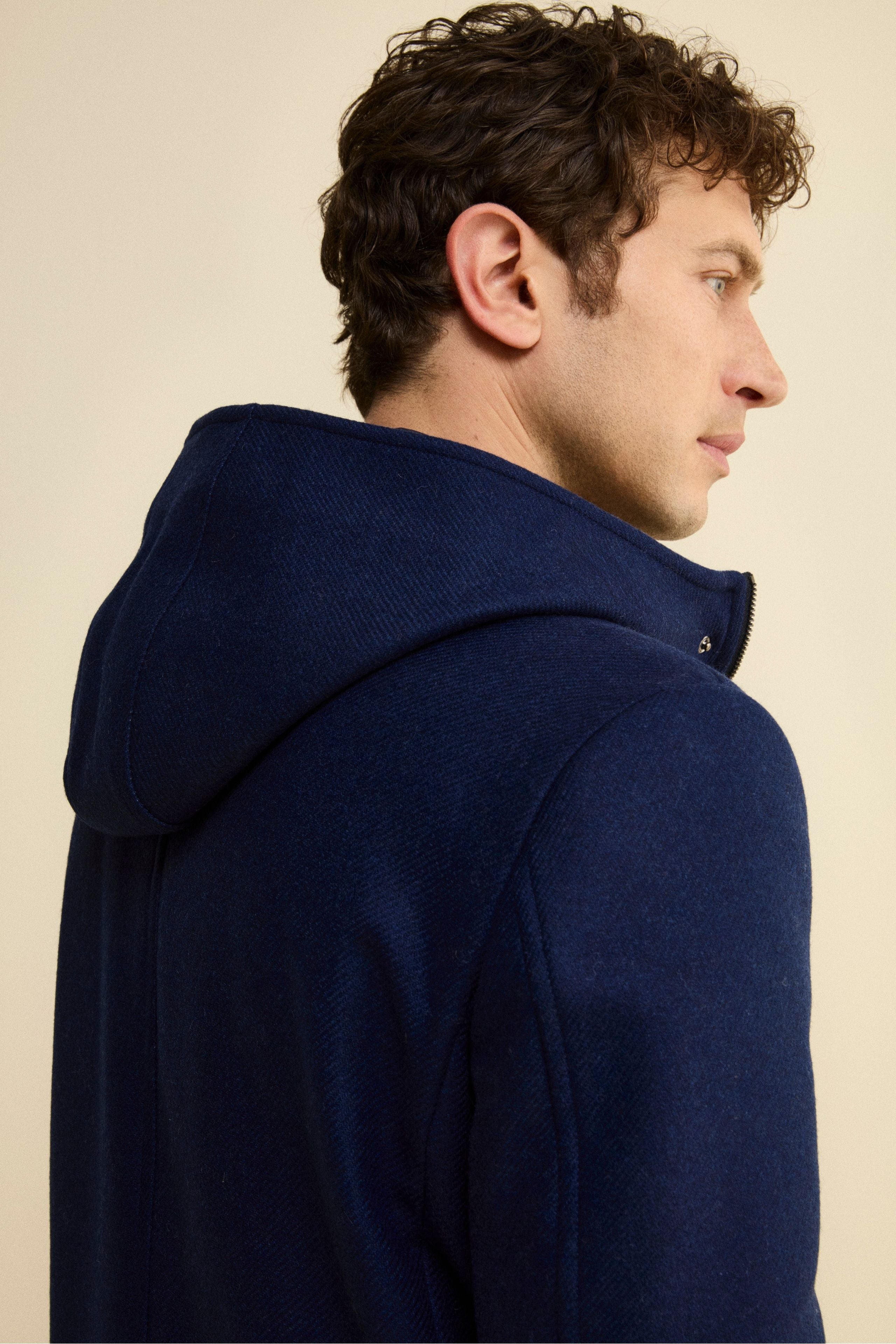 Cappotto Twill in Misto Lana con Zip e Cappuccio - BLU