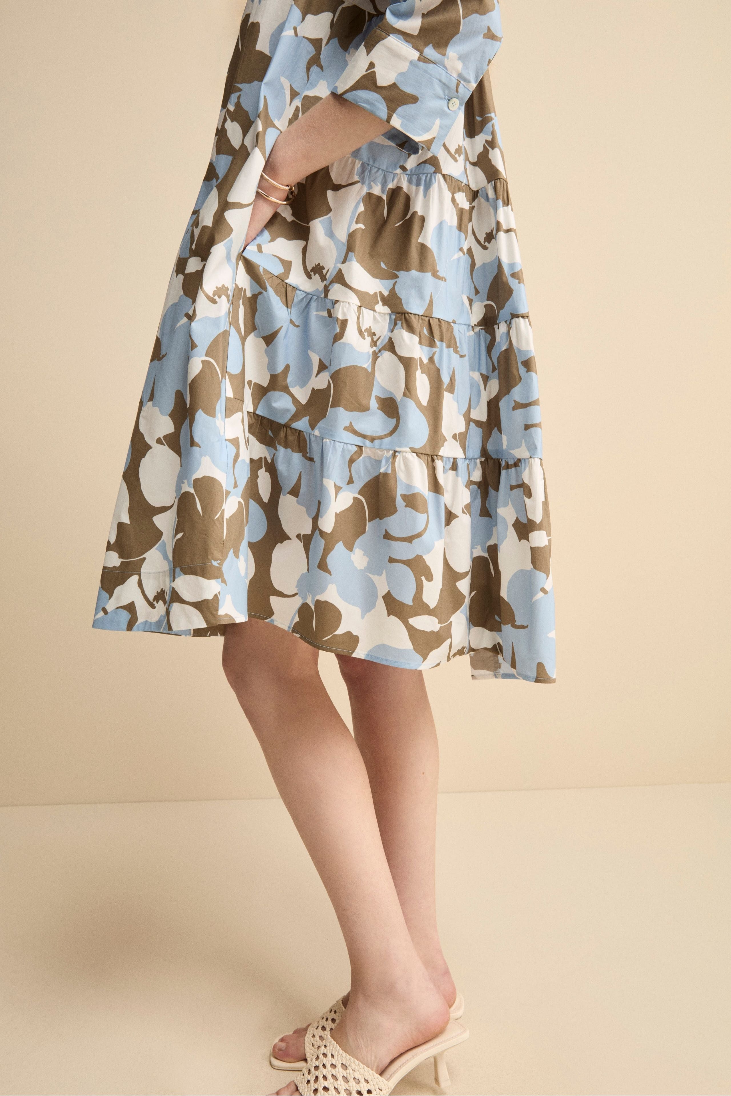 Abito Midi Floreale in Popeline - FANT. BIANCO/AZZURRO