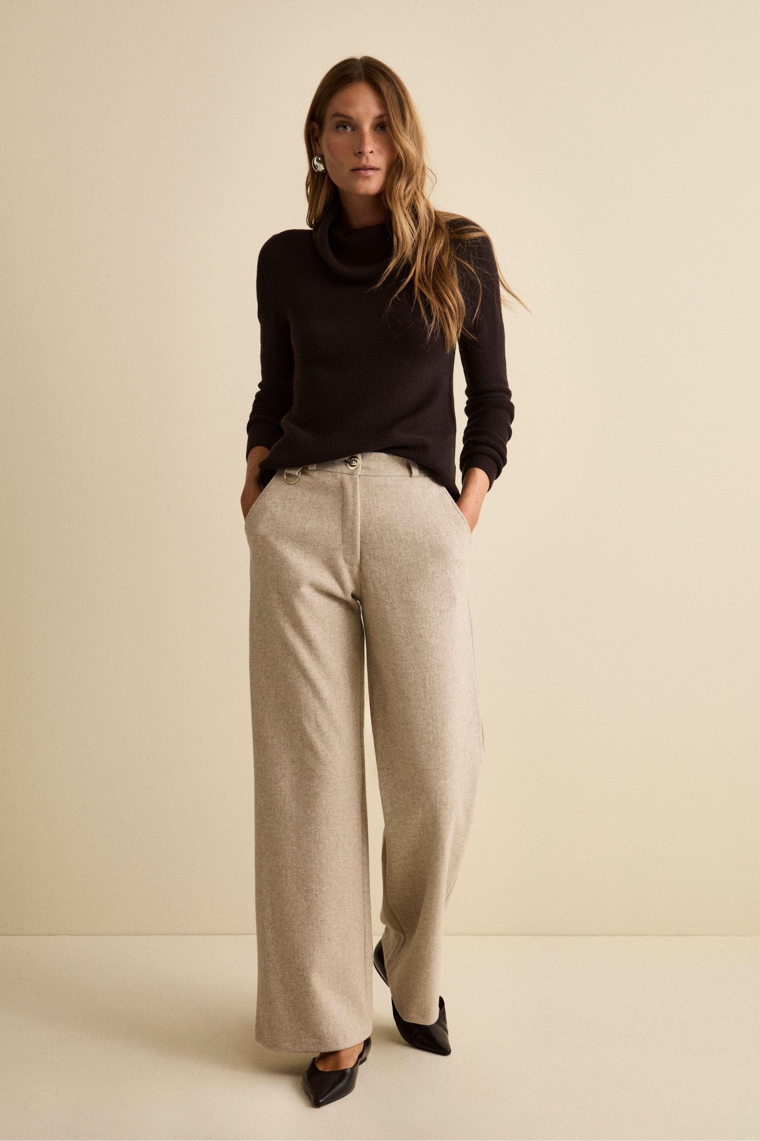 Pantalone Spigato a Gamba Larga - BEIGE SPIGATO