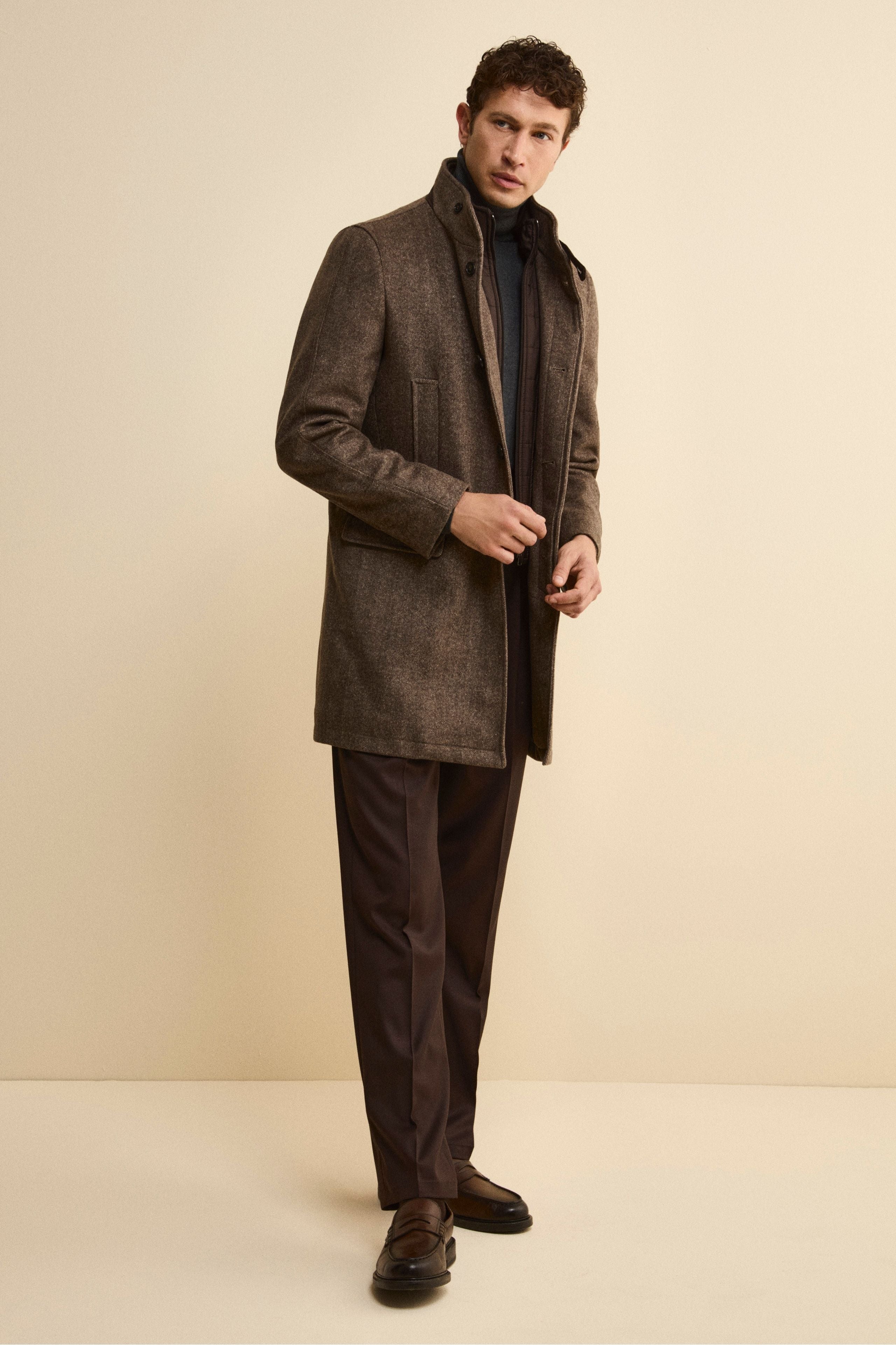 Pantalone Gamba Larga in Misto Lana con Pinces - MARRONE