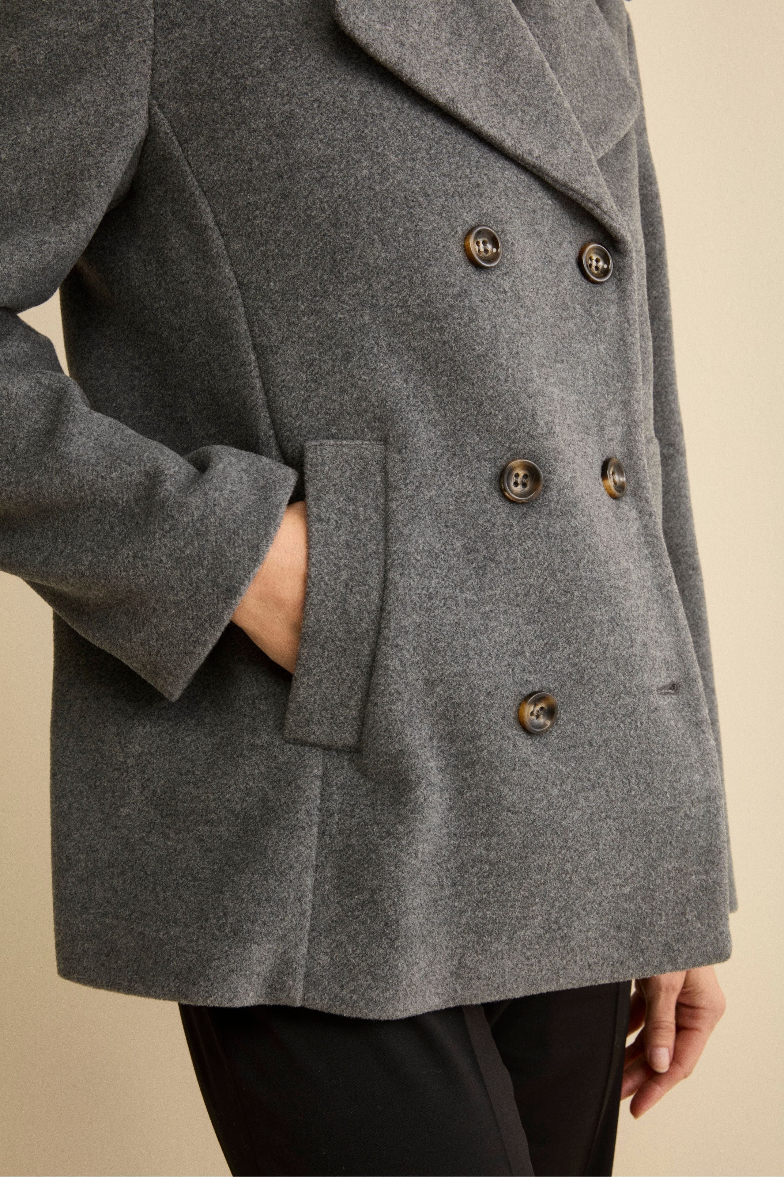 Peacoat Doppiopetto in Misto Lana con Martingala - GRIGIO