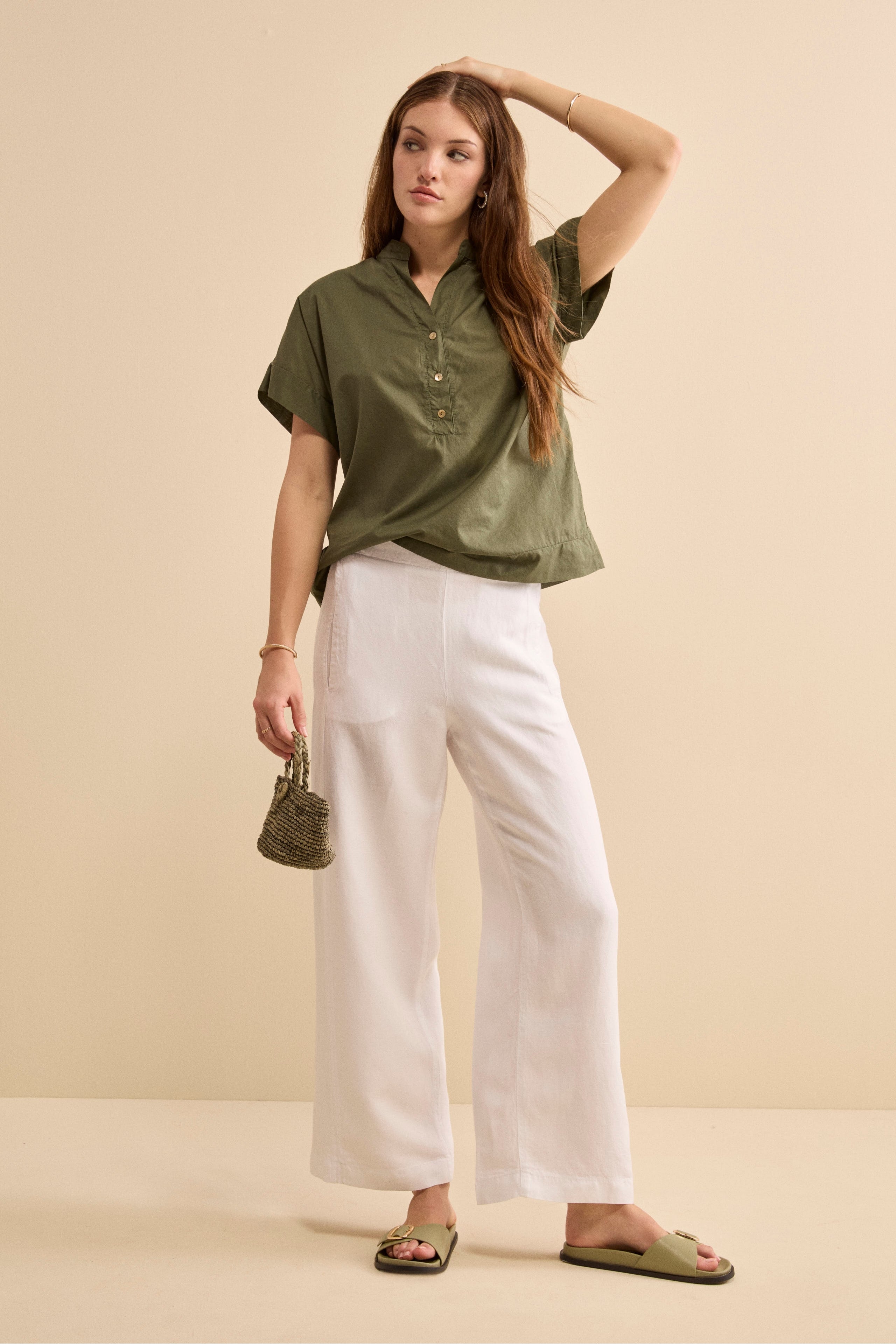 Pantalone Ampio in Misto Lino con Elastico - BIANCO