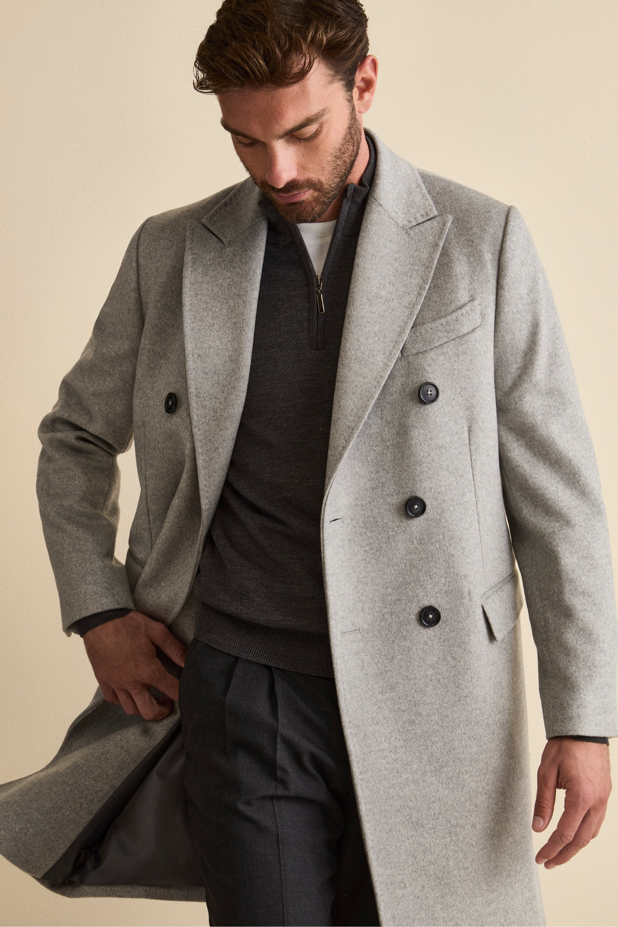 Cappotto Midi Doppiopetto in Misto Lana e Cashmere con Martingala - GRIGIO CHIARO