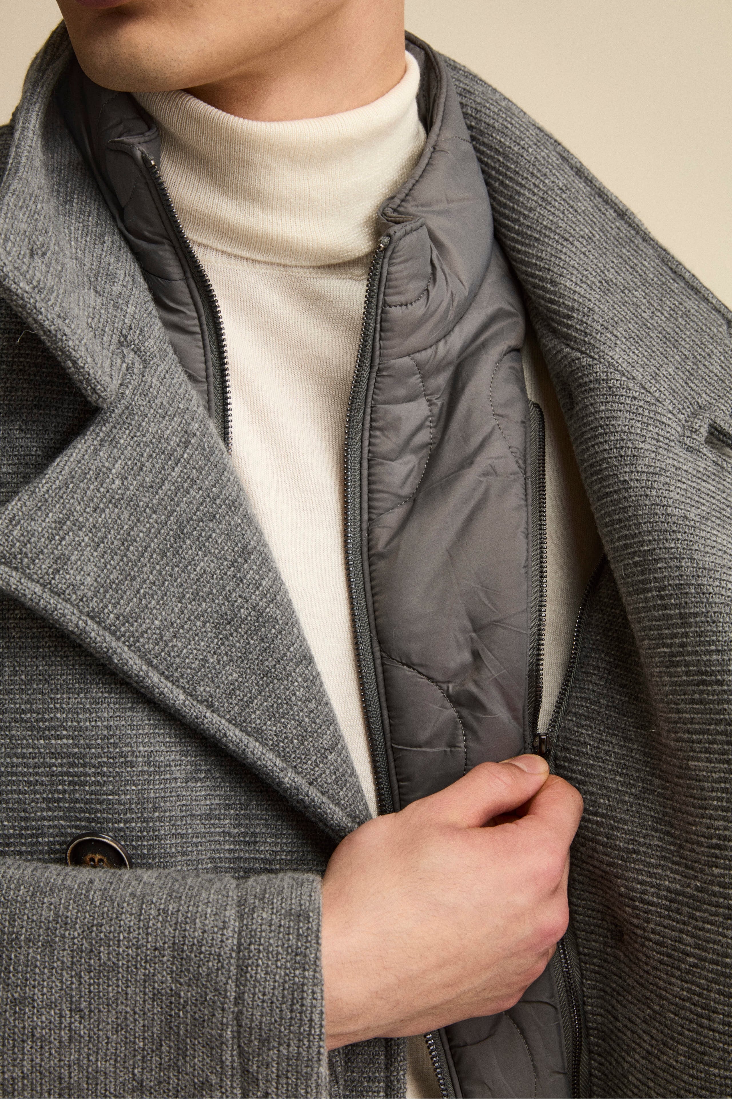 Peacoat Doppiopetto in Misto Lana con Pettorina - GRIGIO MELANGE