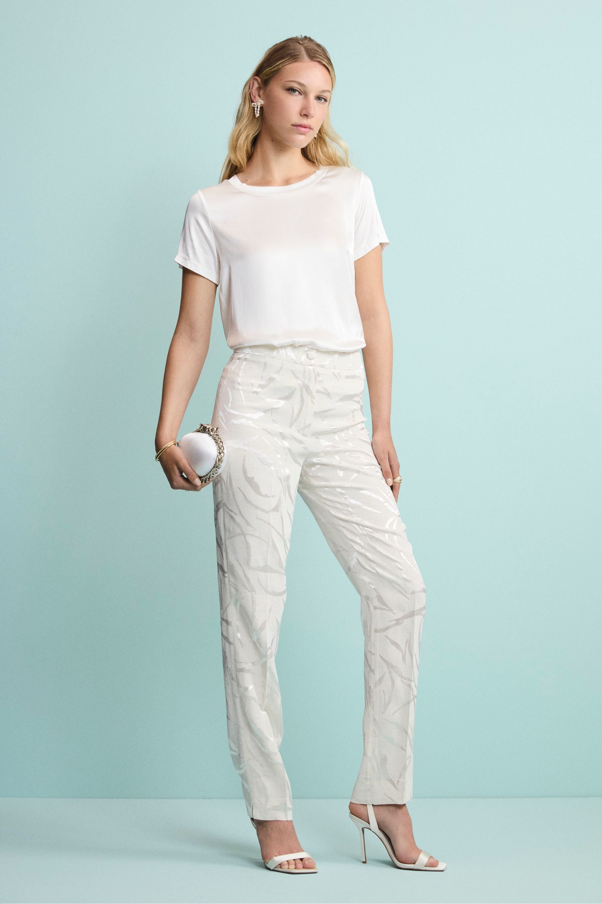 Pantalone a Sigaretta Damascato in Misto Lino - ECRU