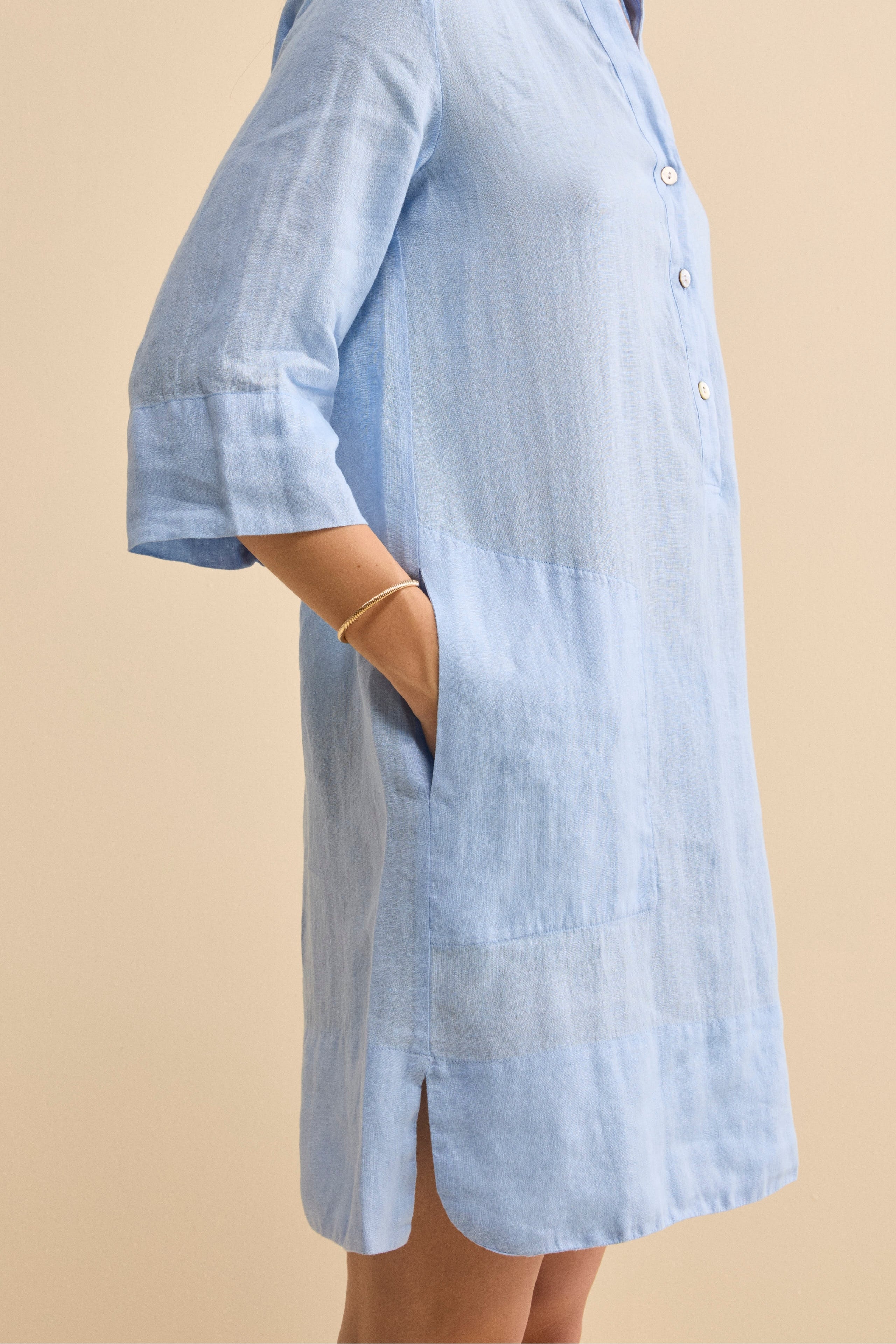 Abito Chemisier Midi in Lino con Collo Coreana - AZZURRO