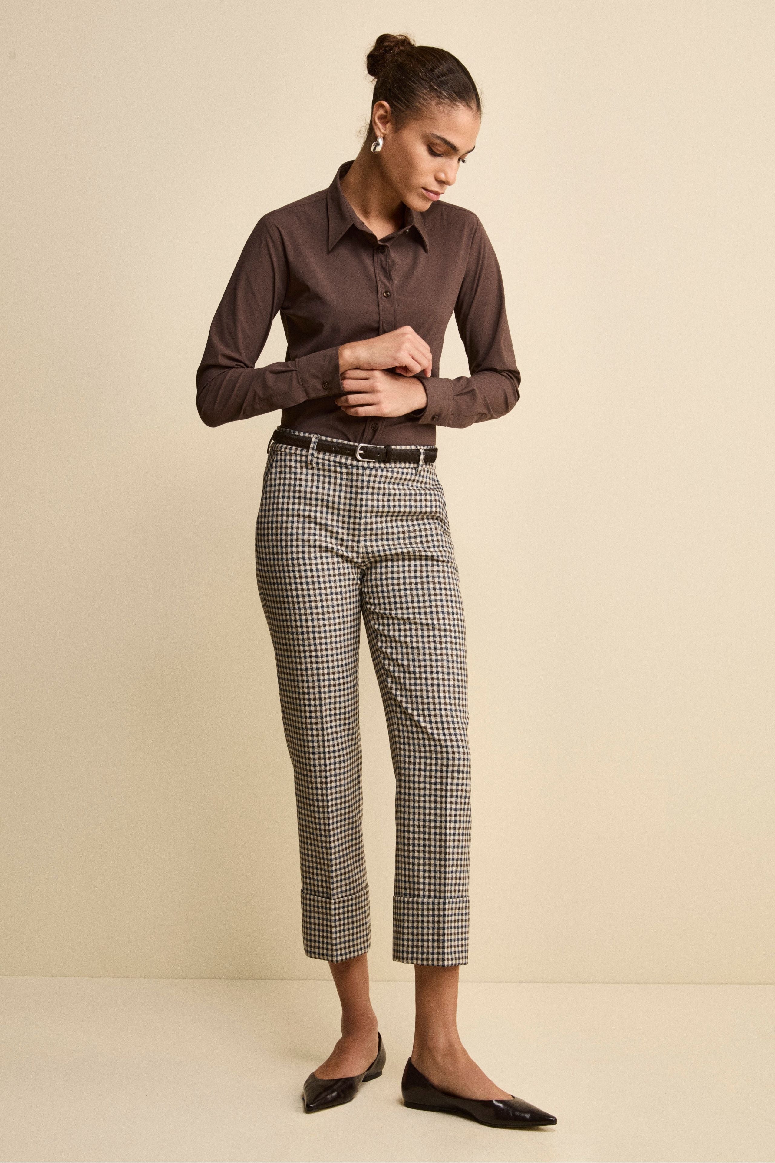 Pantalone Slim Fit a Sigaretta con Risvolto - BEIGE QUADRI