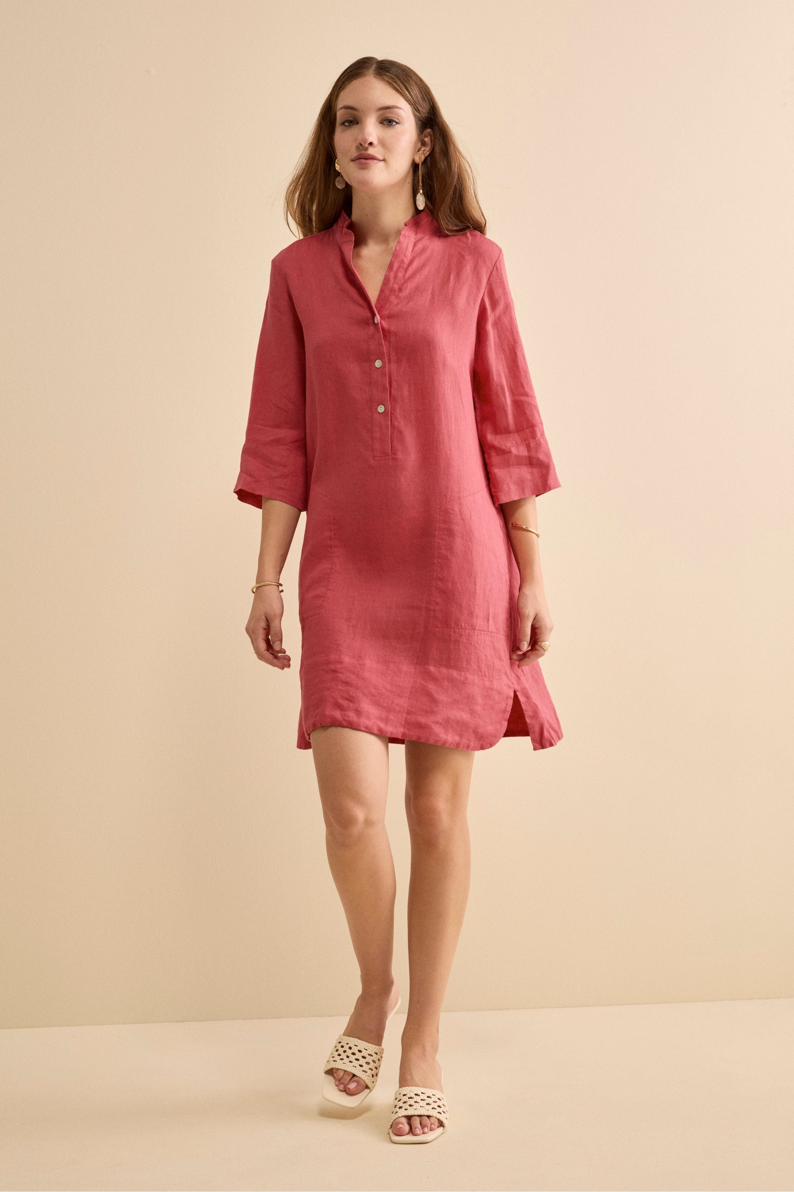 Abito Chemisier Midi in Lino con Collo Coreana - CORALLO