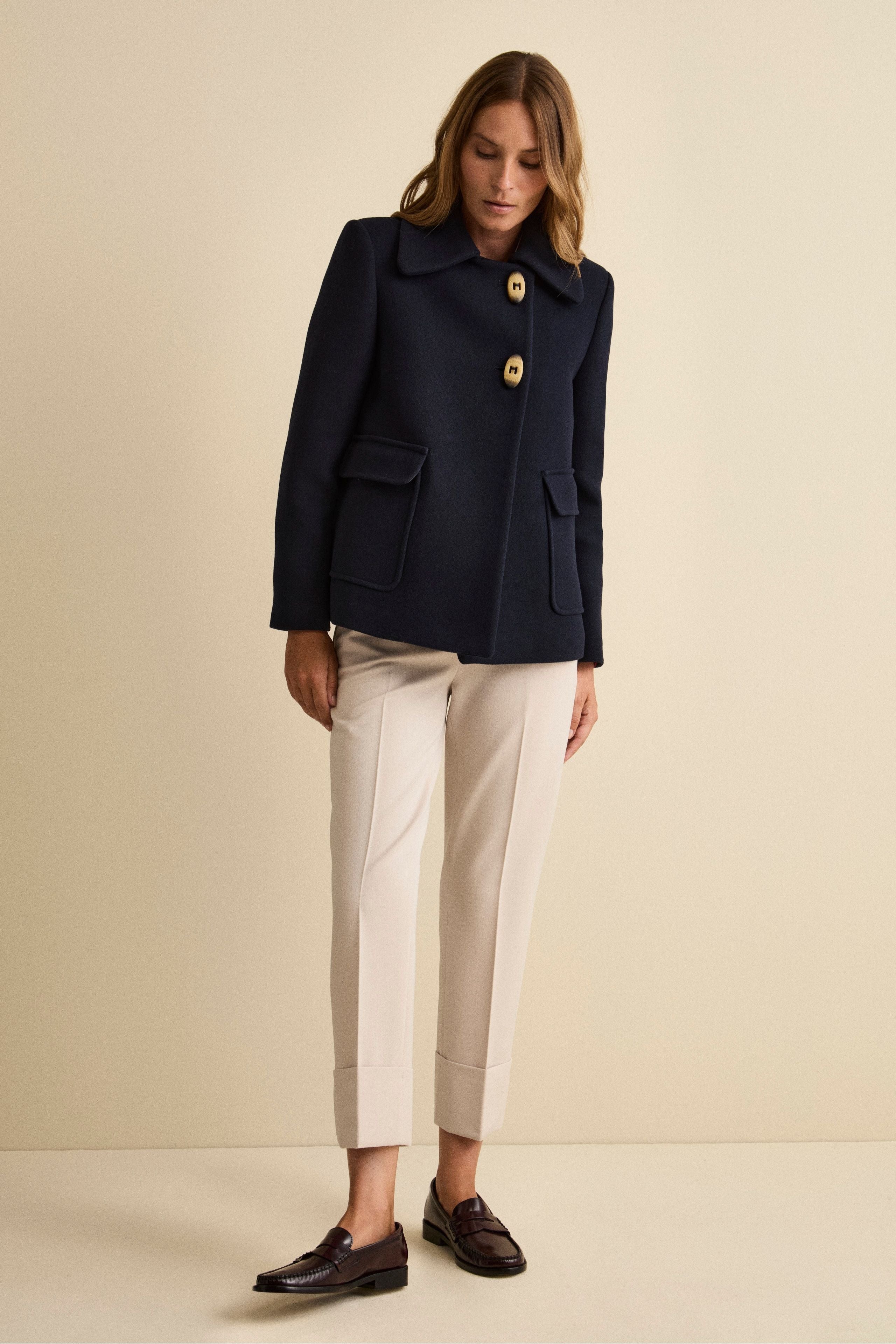 Cappotto Corto Svasato in Misto Lana Vergine - BLU