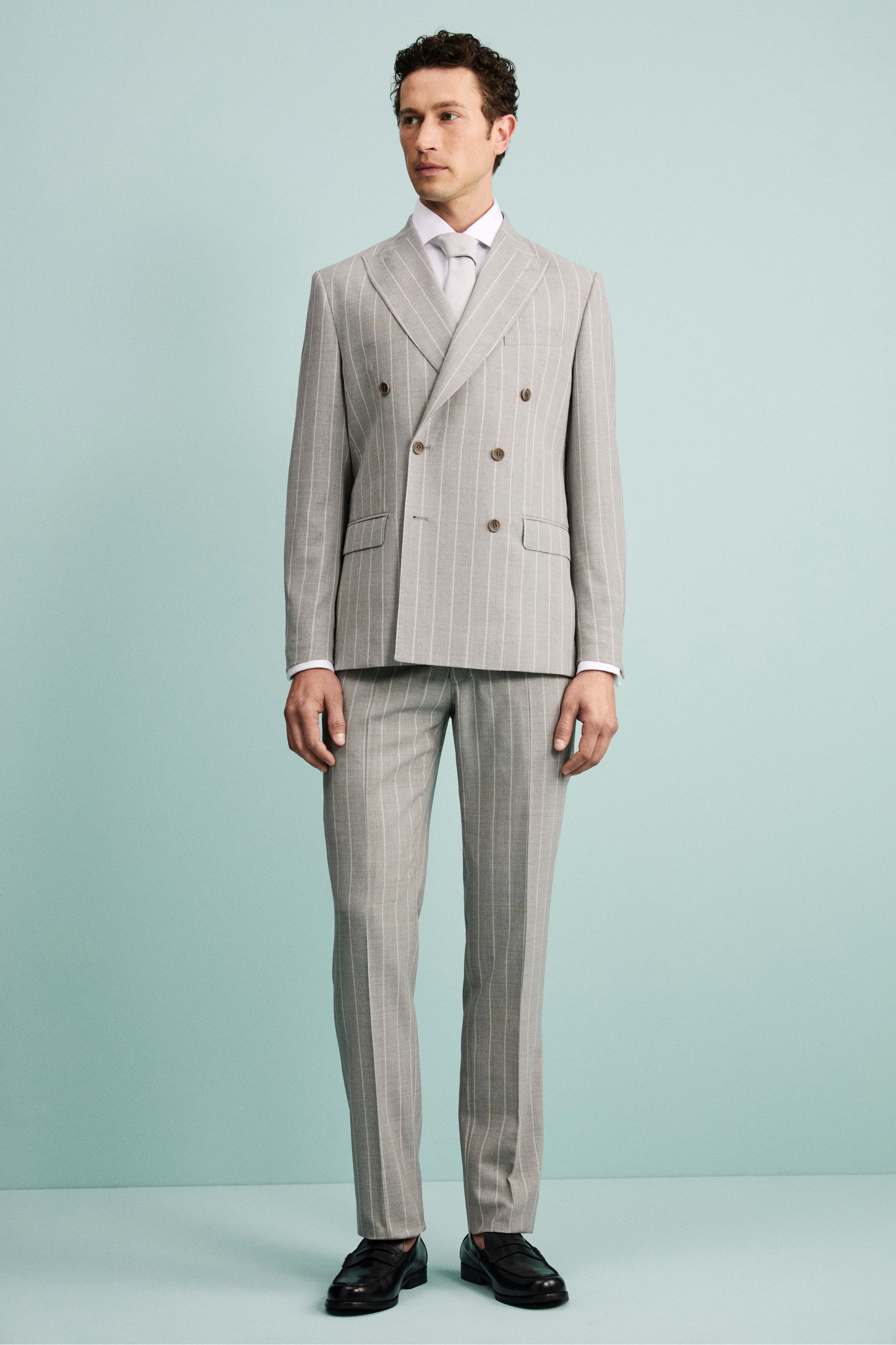 Abito Gessato Doppiopetto Slim Fit in Lana Vergine - RIGATO GRIGIO/BIANCO