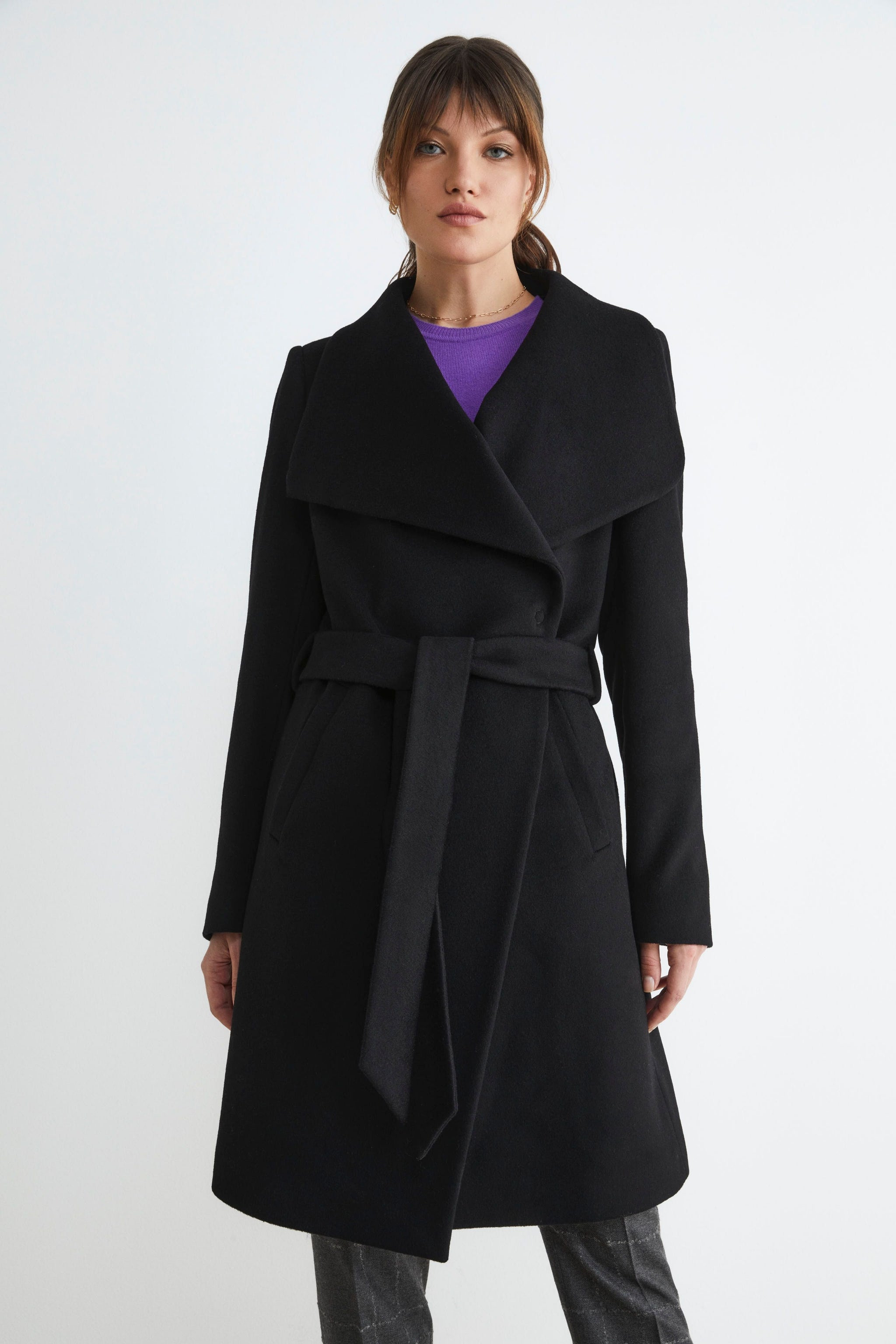 Vicolo Cappotto Nero Donna Cintura Vicolo Cappotto Nero Lungo