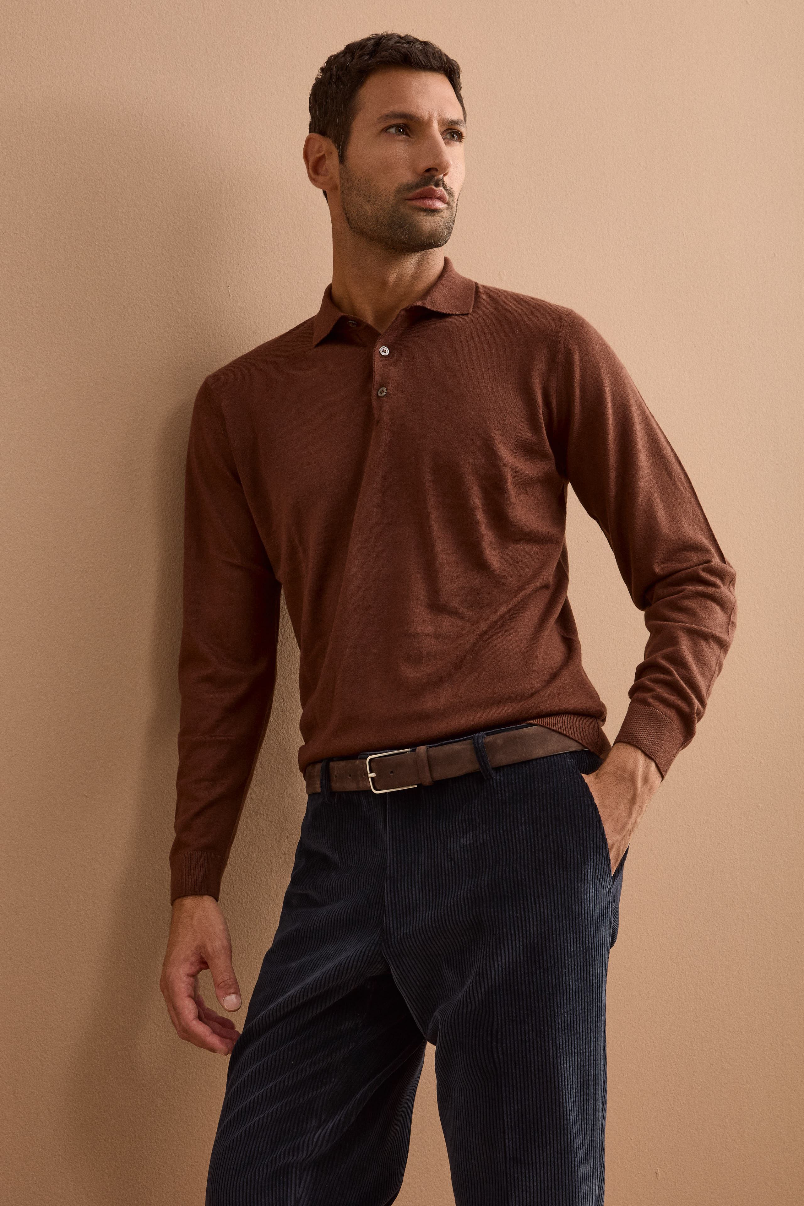 Polo con Bottoni in Seta e Cashmere - MARRONE