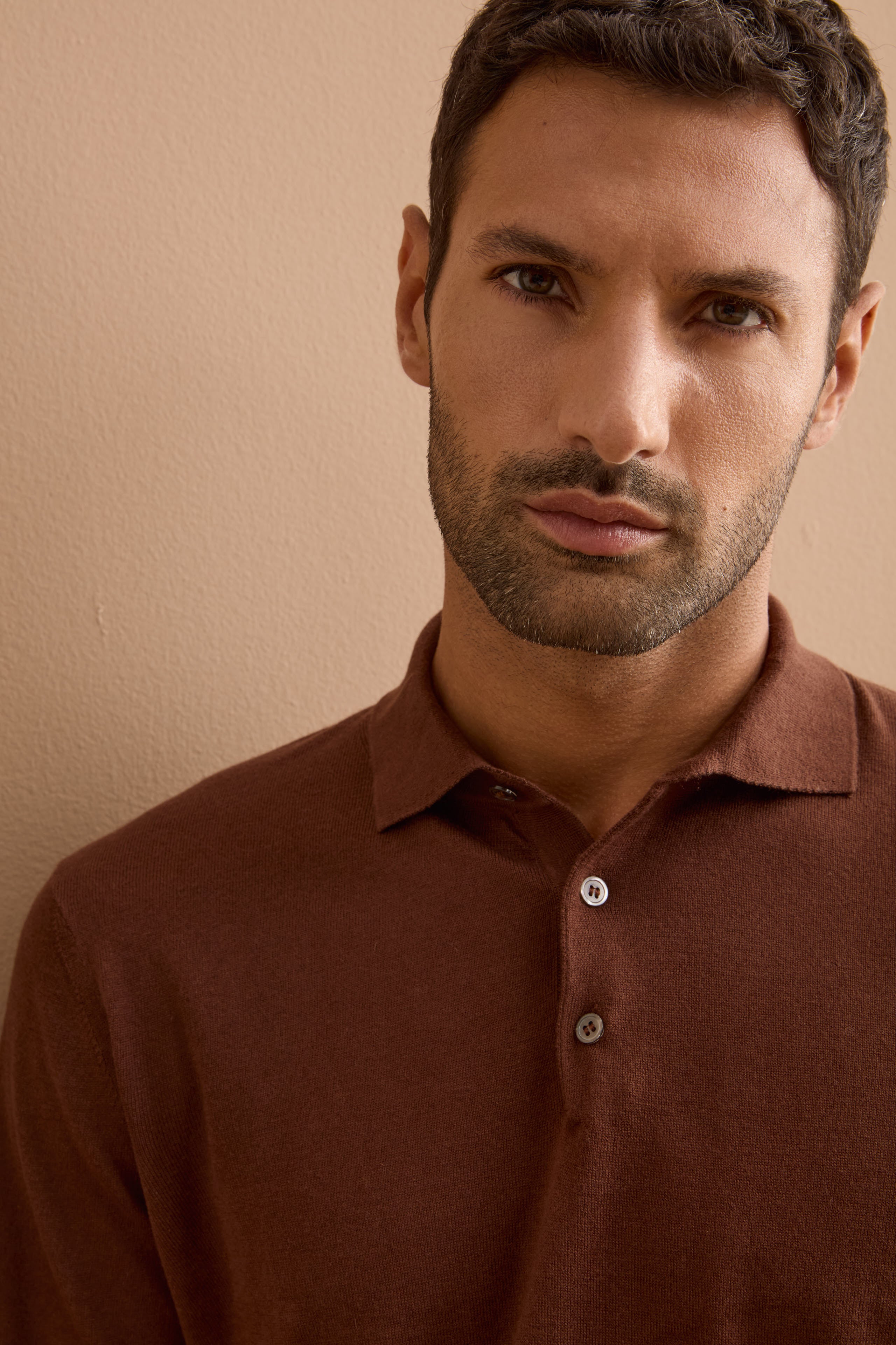 Polo con Bottoni in Seta e Cashmere - MARRONE