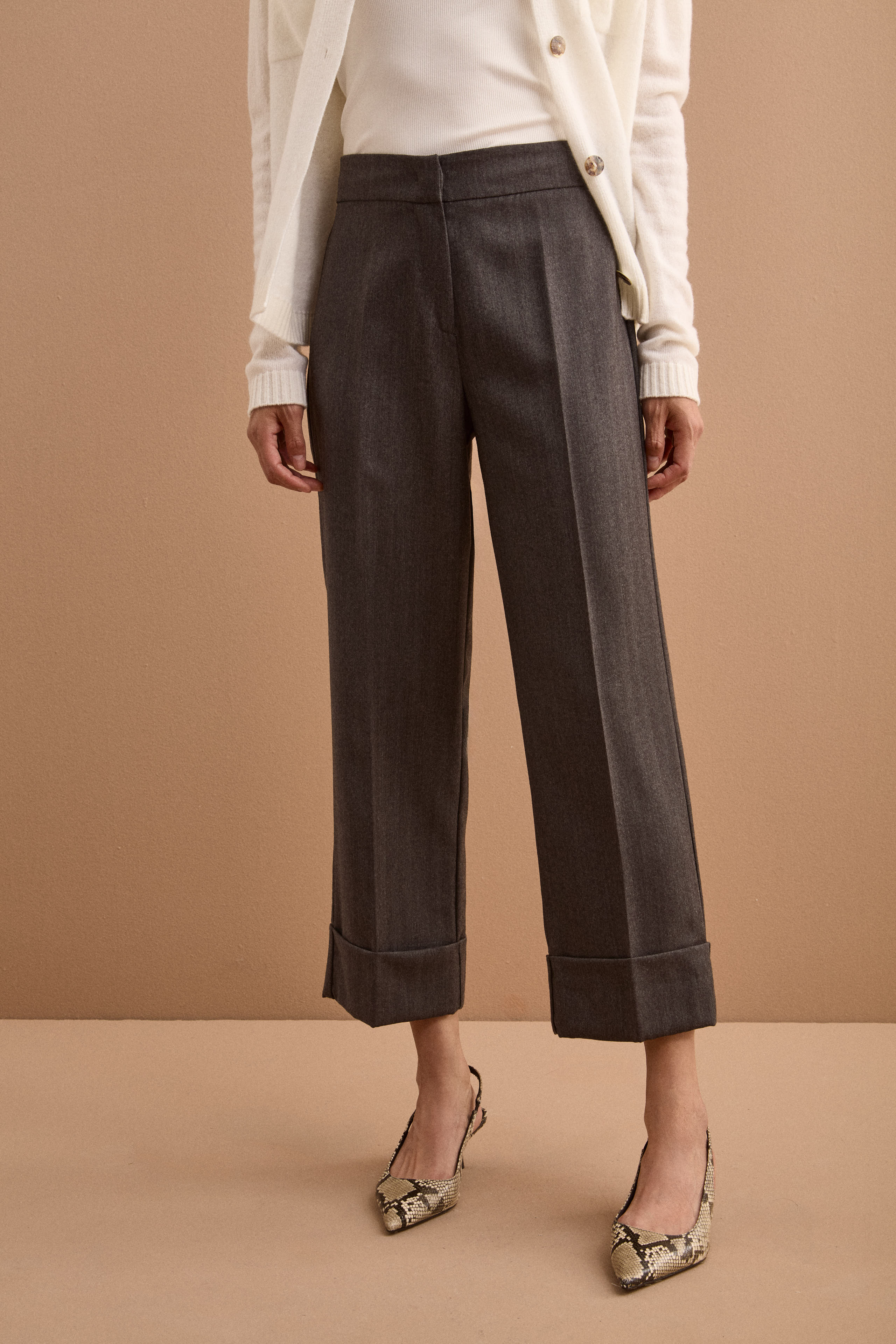 Pantalone Straight con Risvolto in Pura Lana - GRIGIO SPIGATO