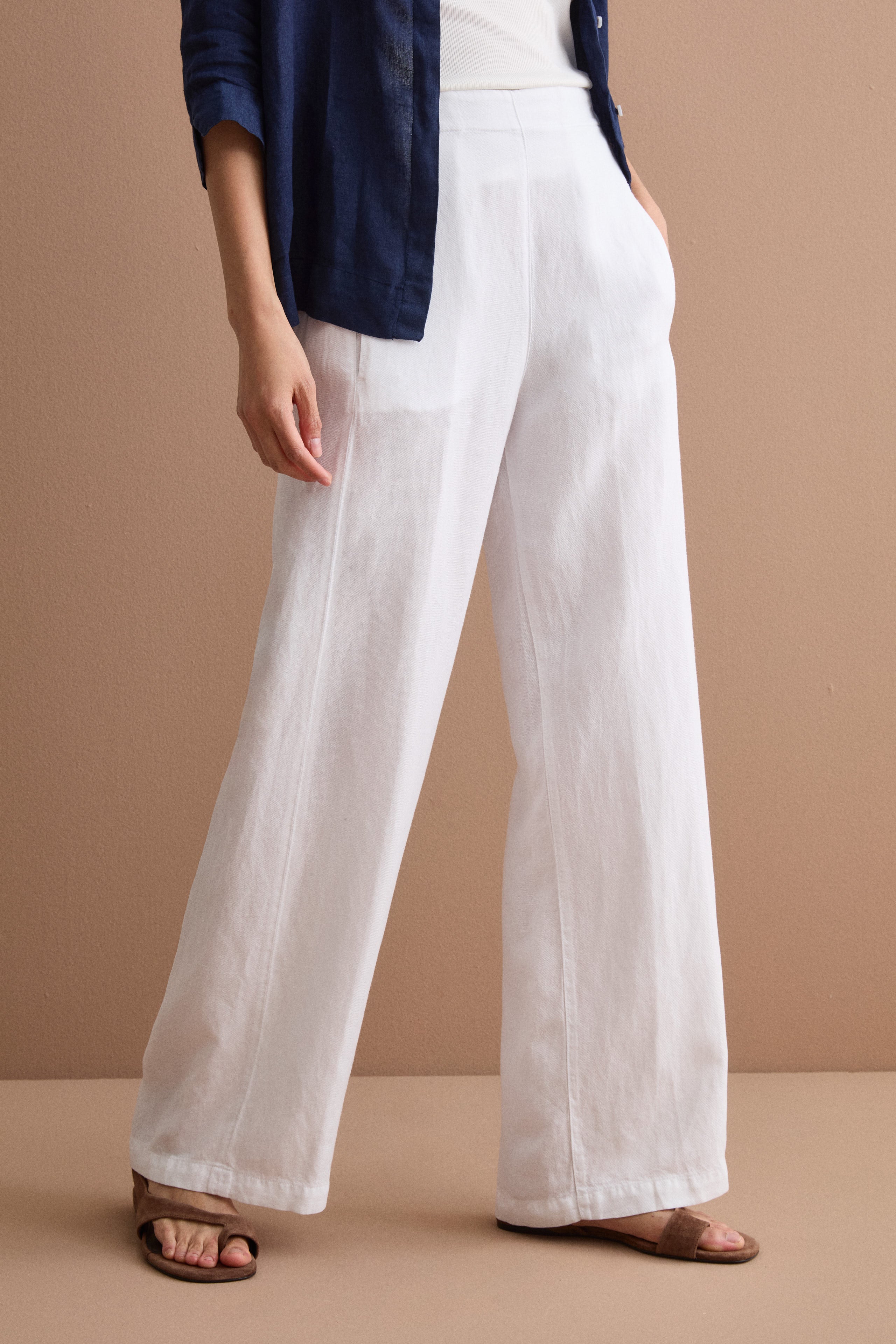 Pantalone Ampio in Misto Lino con Elastico - BIANCO