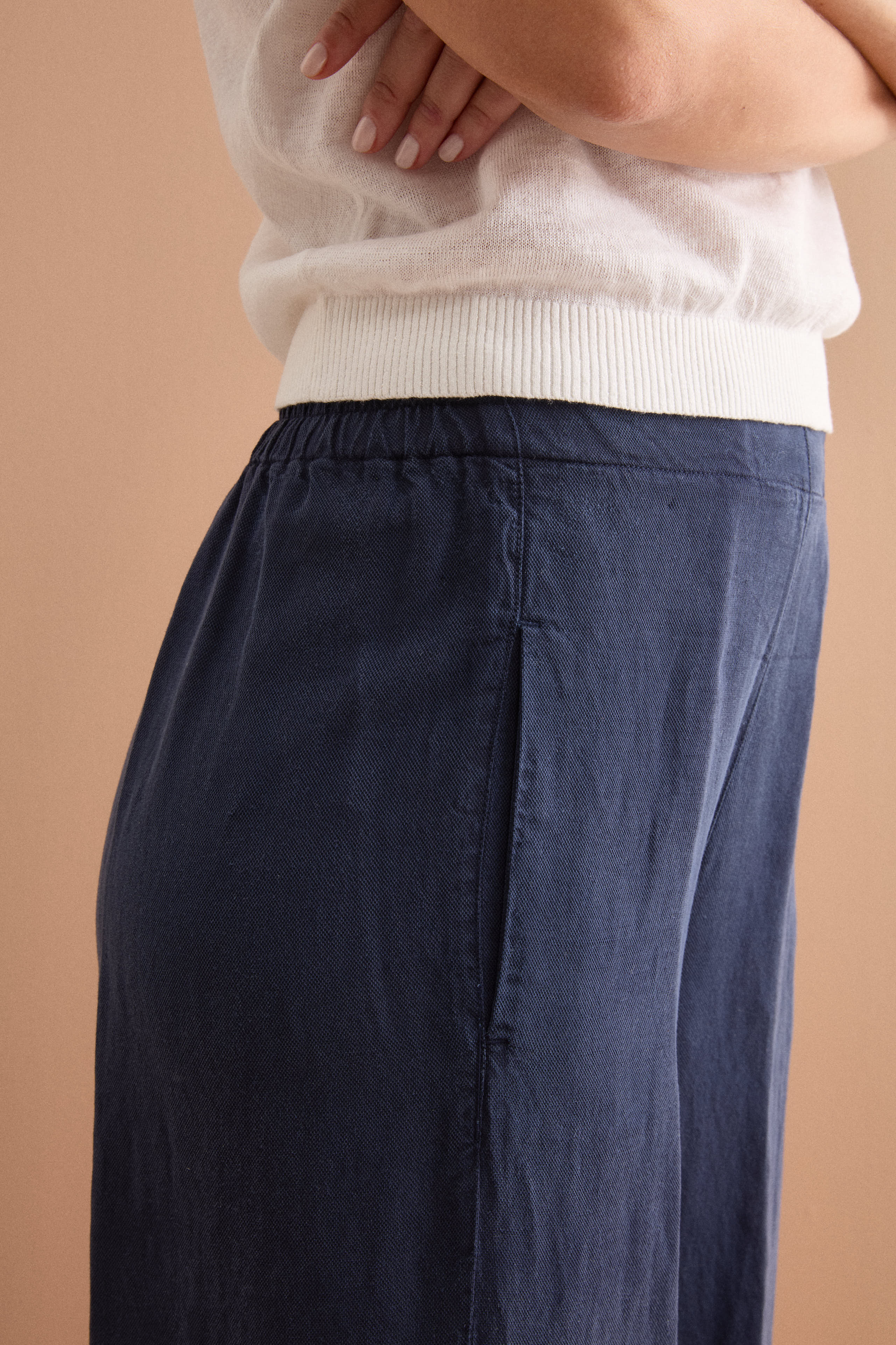 Pantalone Ampio in Misto Lino con Elastico - BLU