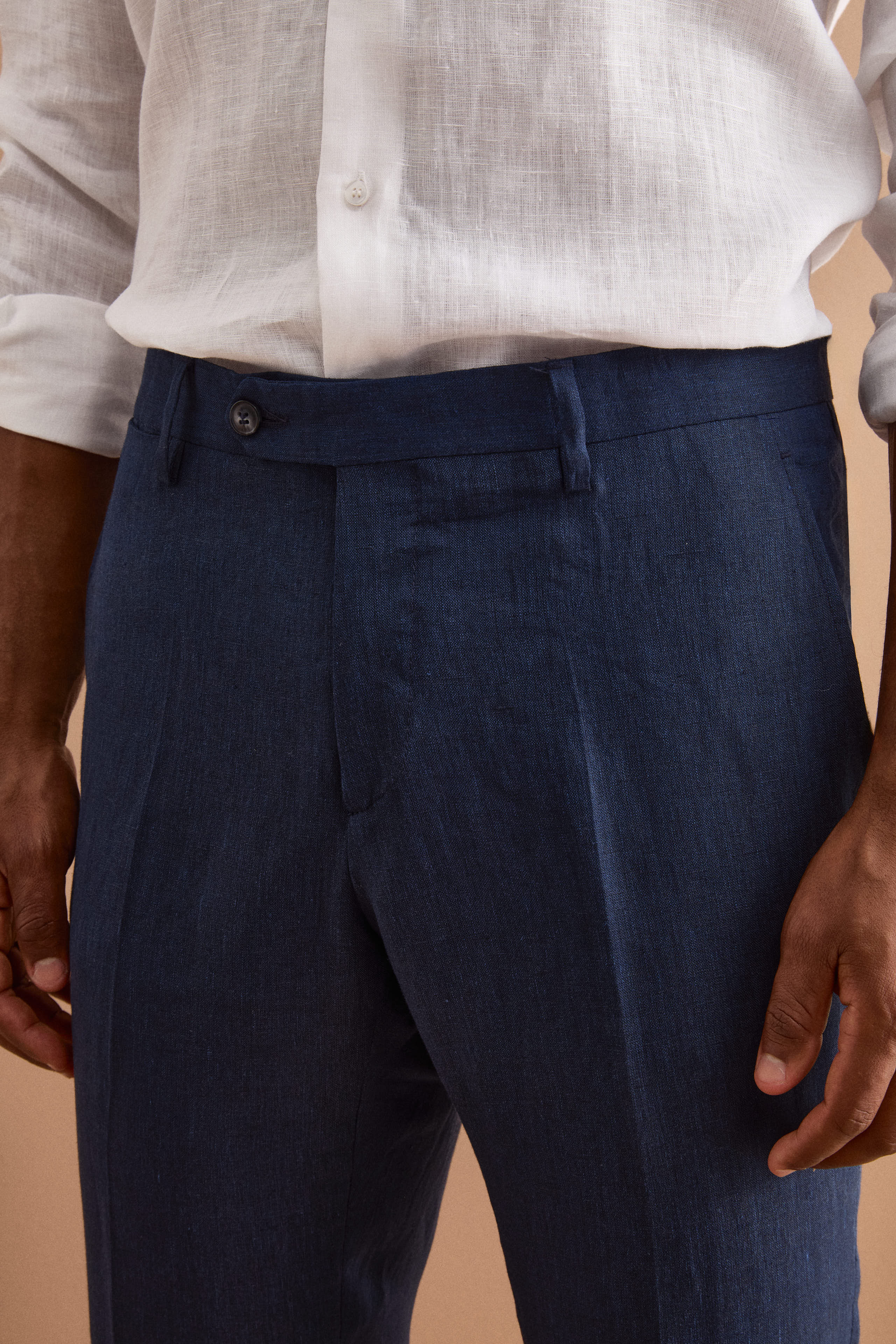 Pantalone Slim Fit in Lino con Pieghe - BLU