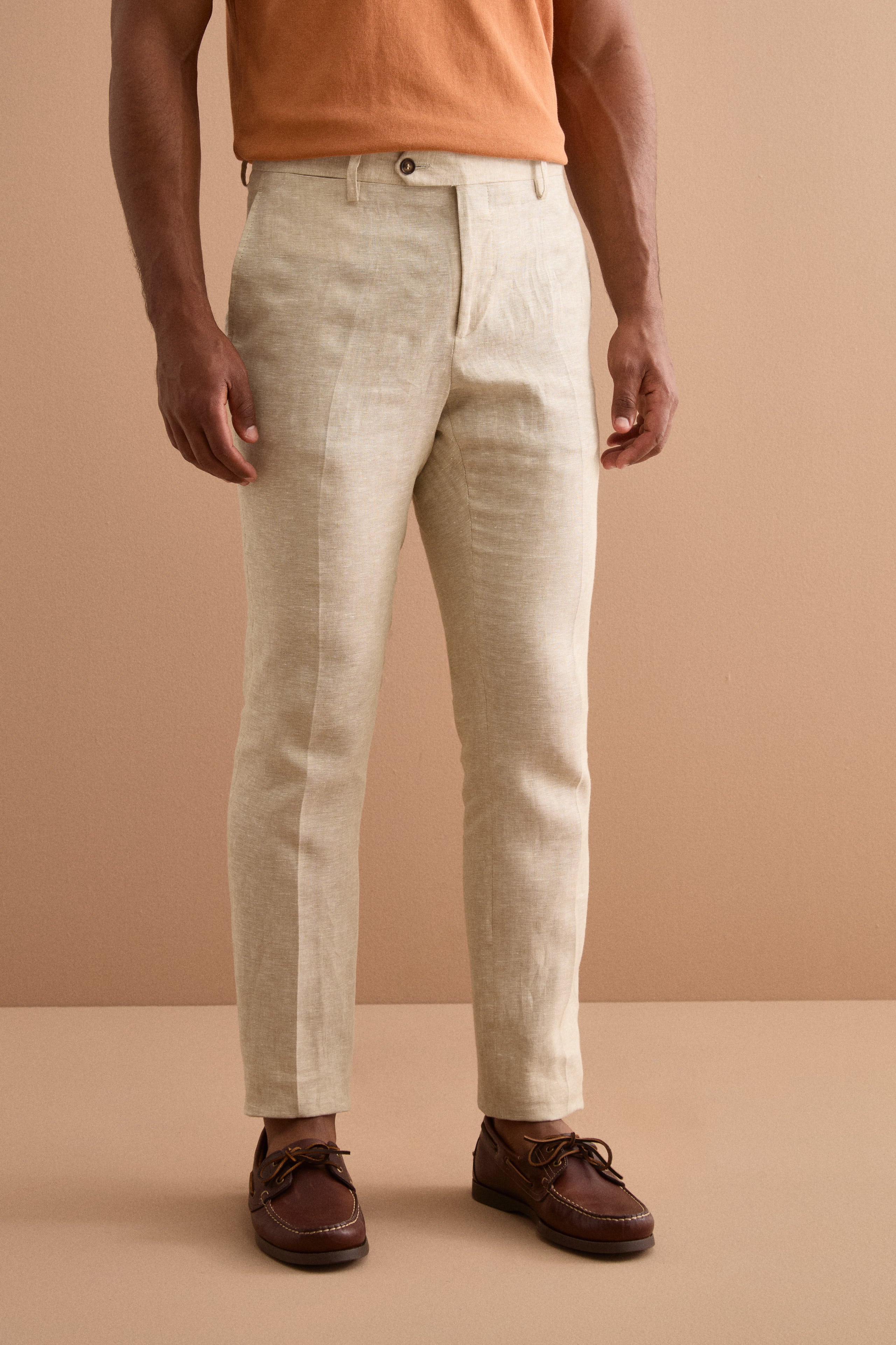 Pantalone Slim Fit in Lino con Pieghe - BEIGE