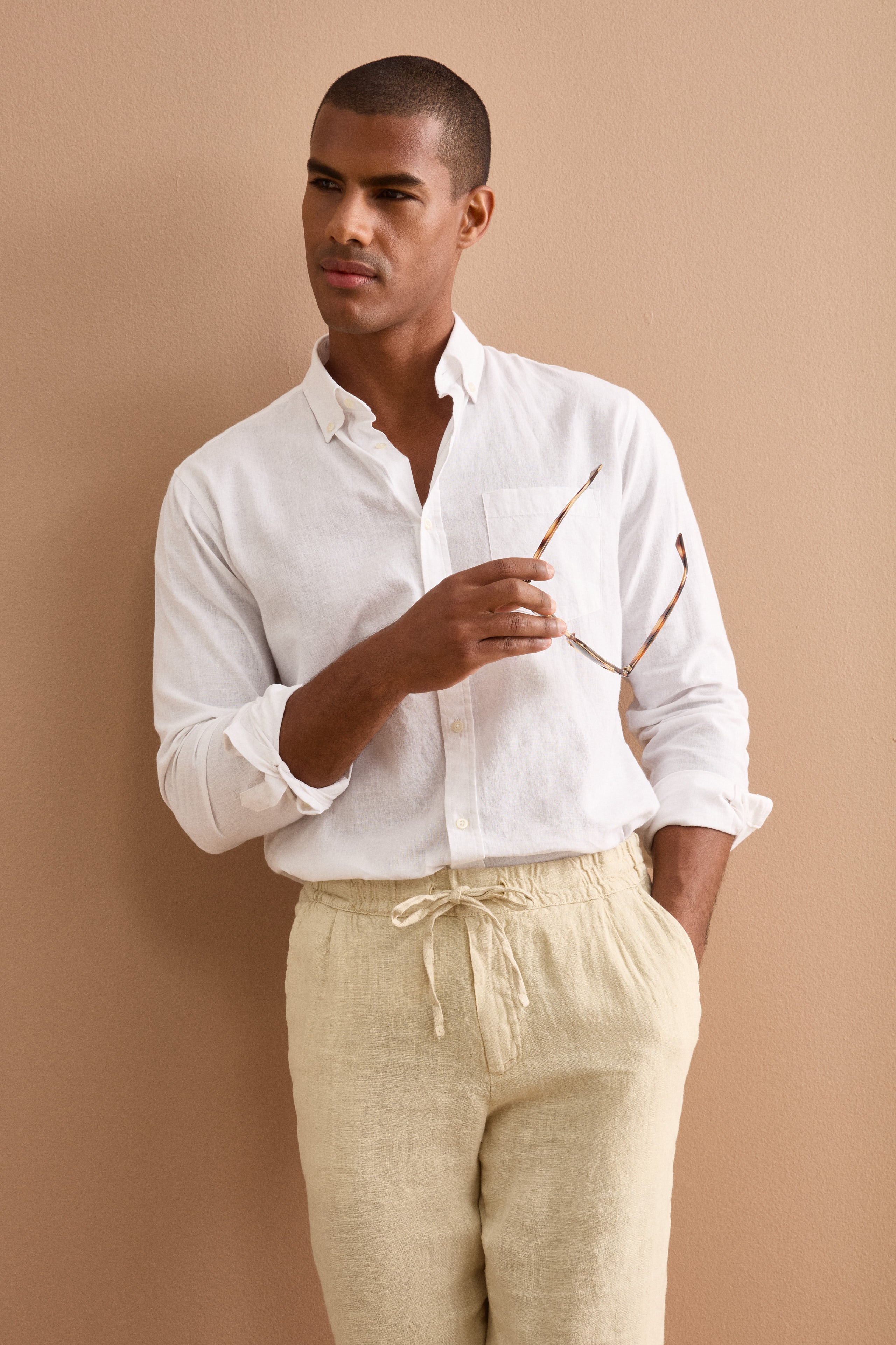 Camicia Button Down in Misto Lino Custom Fit - BIANCO