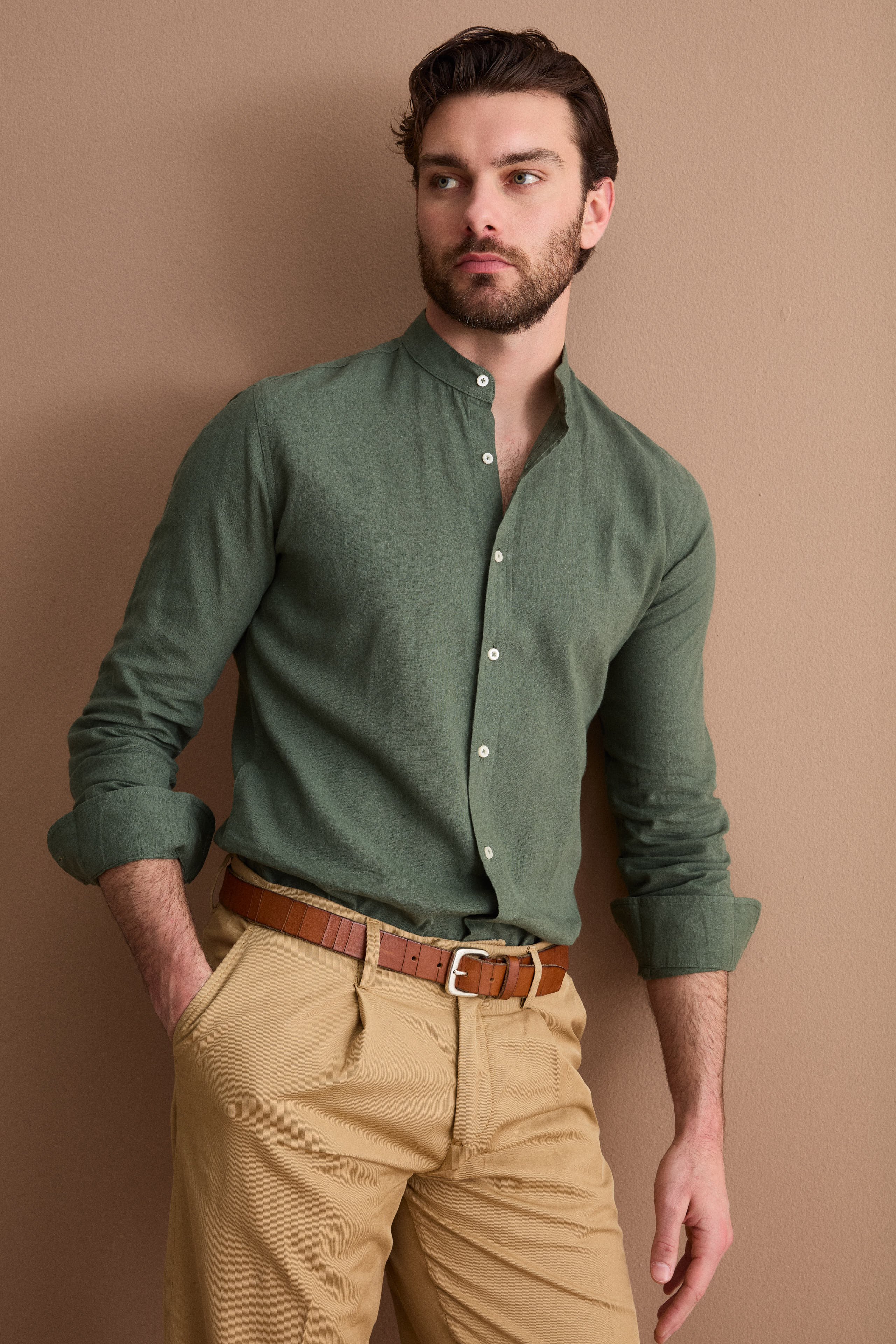 Camicia Coreana Custom Fit in Misto Lino - MILITARY