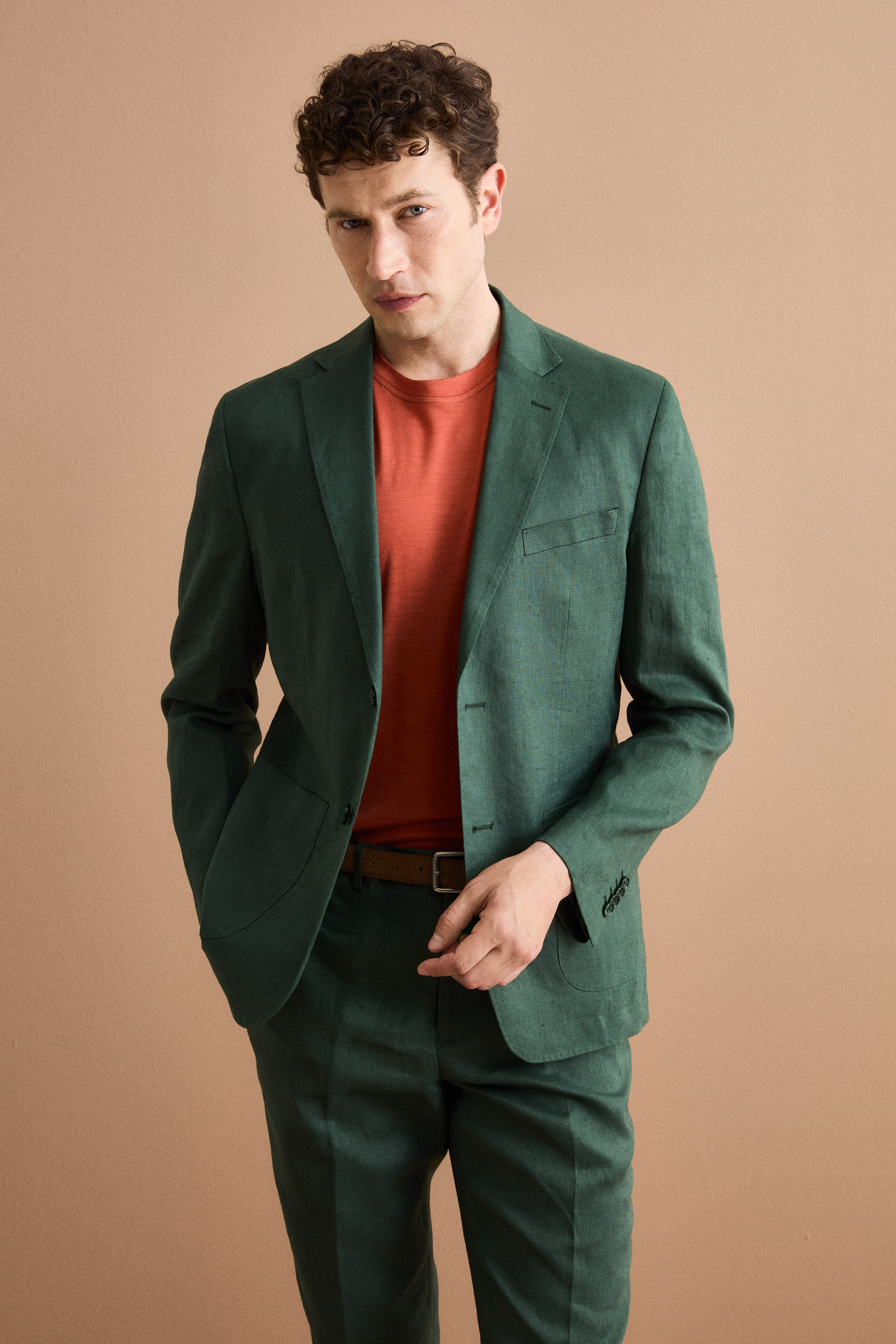 Abito Regular Fit Monopetto in Lino - VERDE