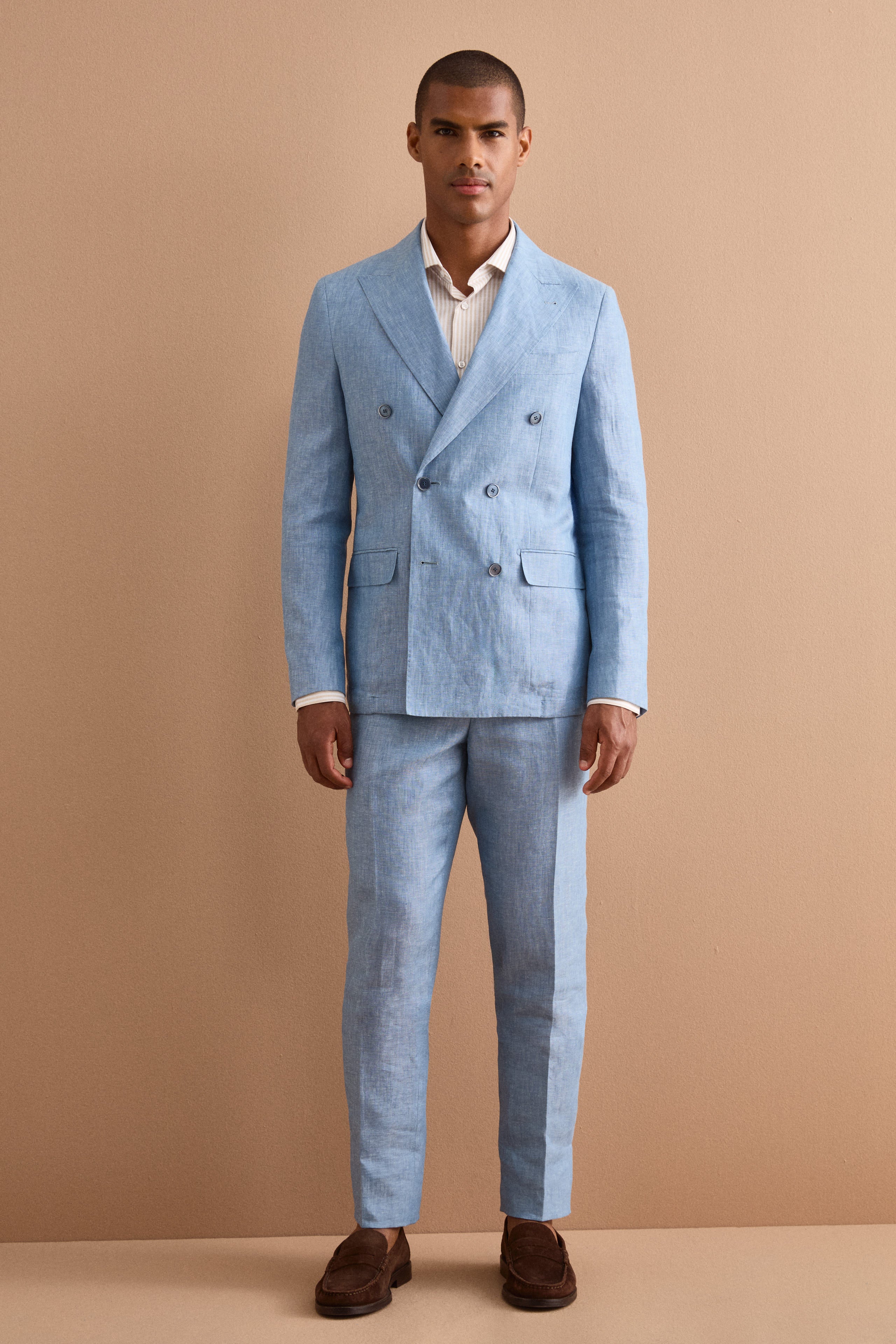 Abito Doppiopetto Slim Fit in Lino Melange - CIELO