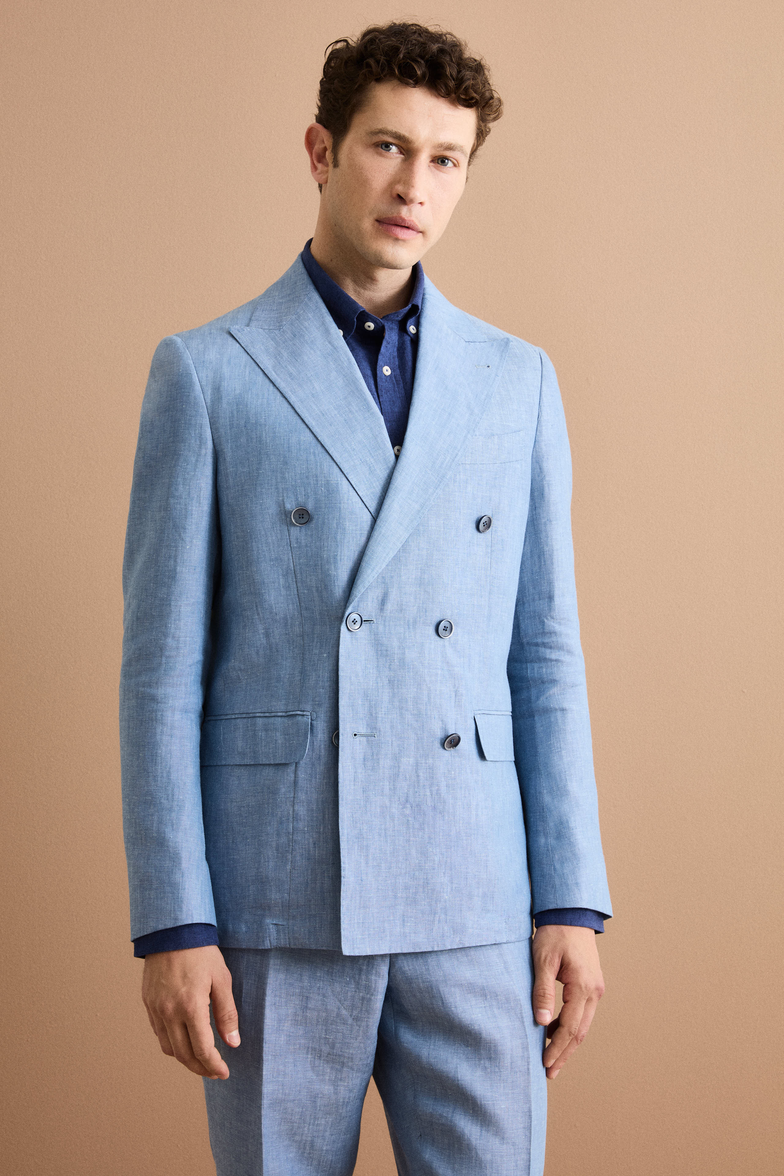 Abito Doppiopetto Slim Fit in Lino Melange - CIELO