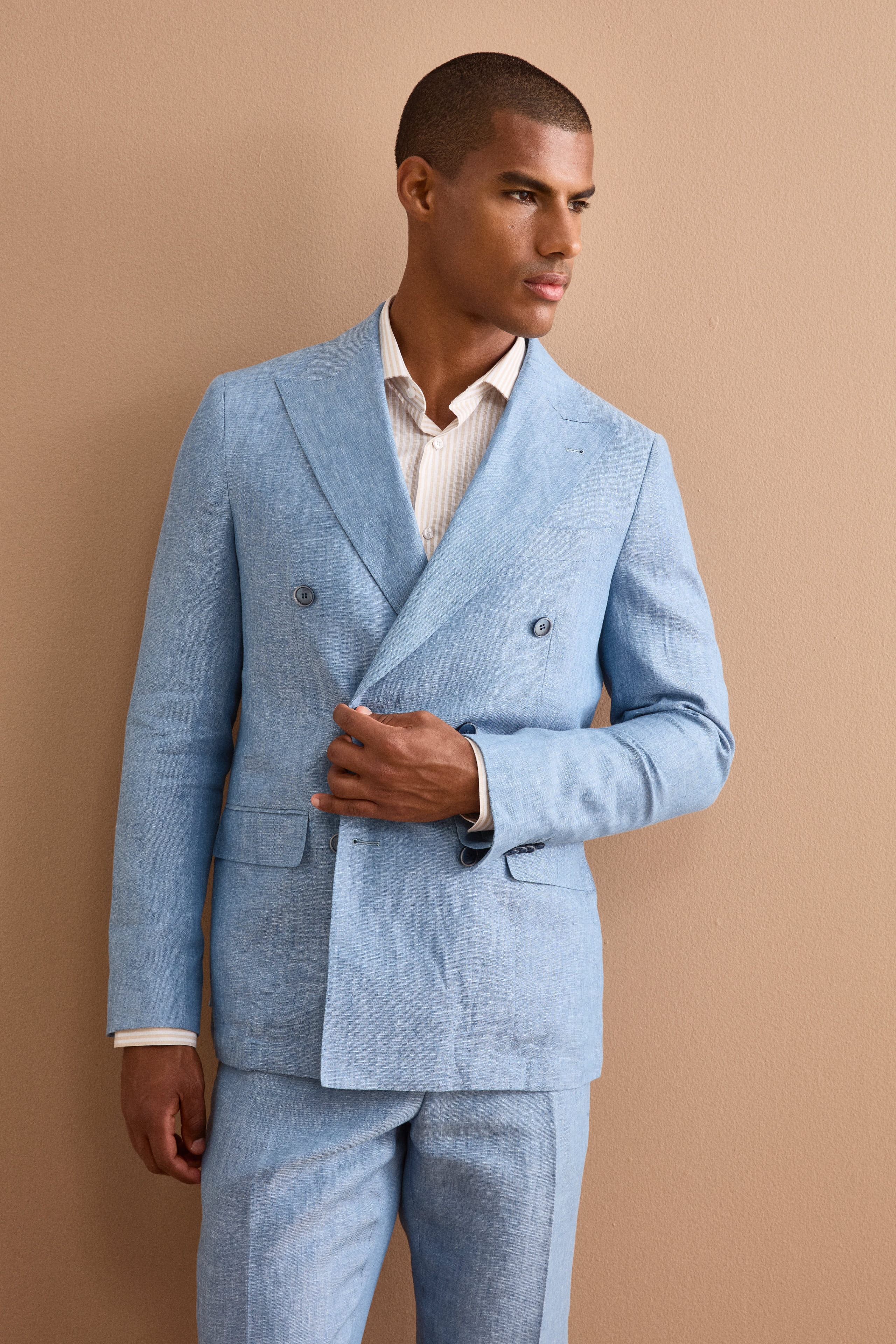 Abito Doppiopetto Slim Fit in Lino Melange - CIELO