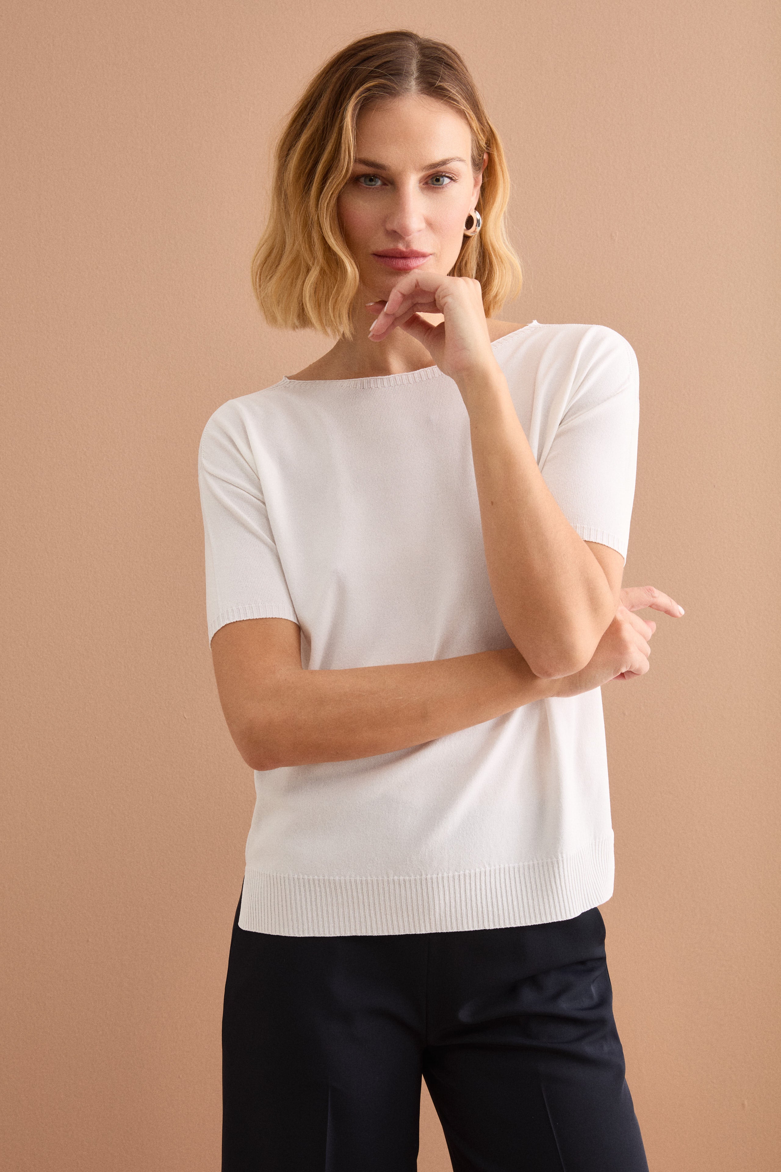 Maglia Barchetta Boxy con Costine - BIANCO