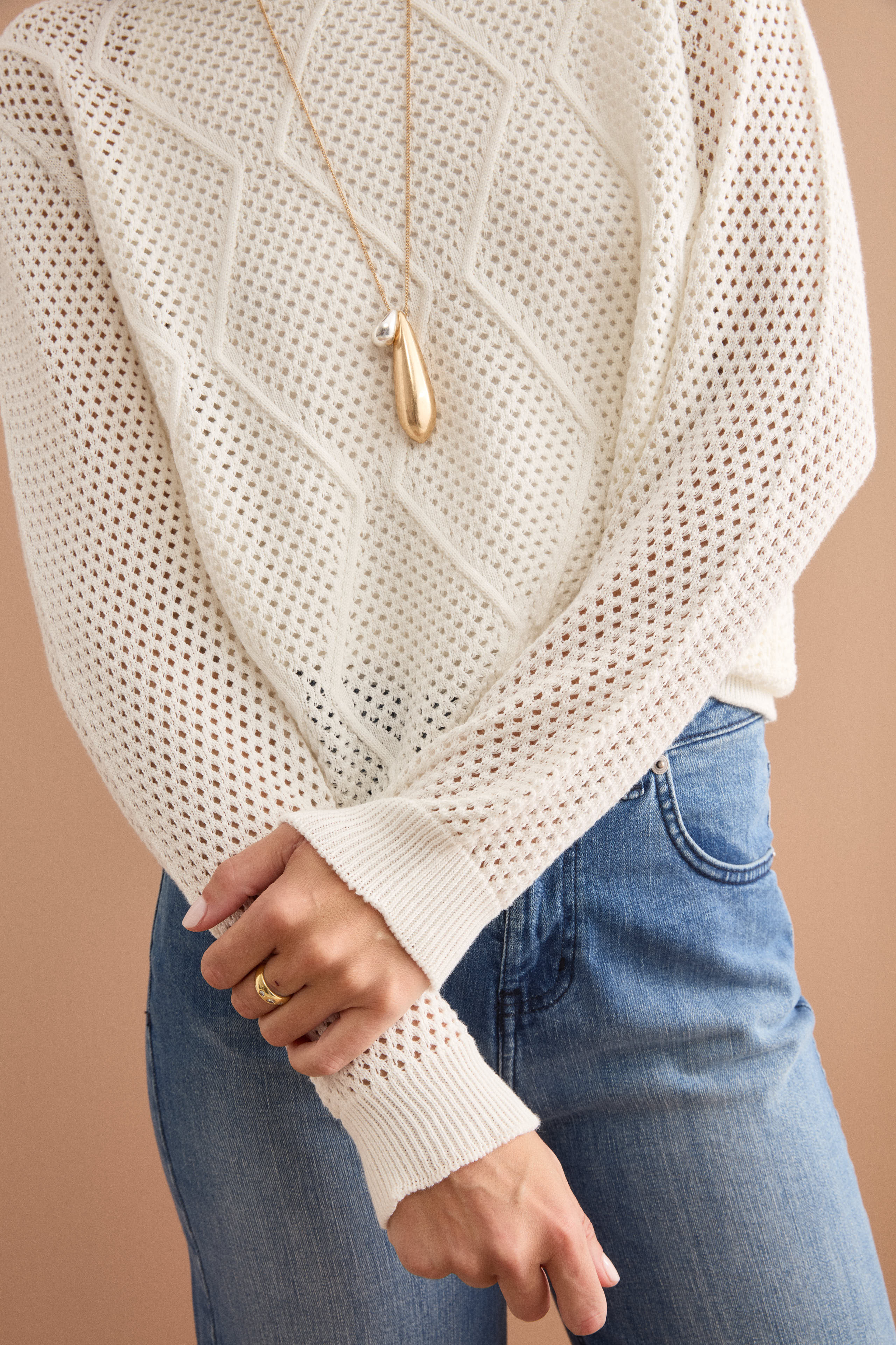 Maglia Barchetta in Cotone con Motivo a Rombi - BIANCO