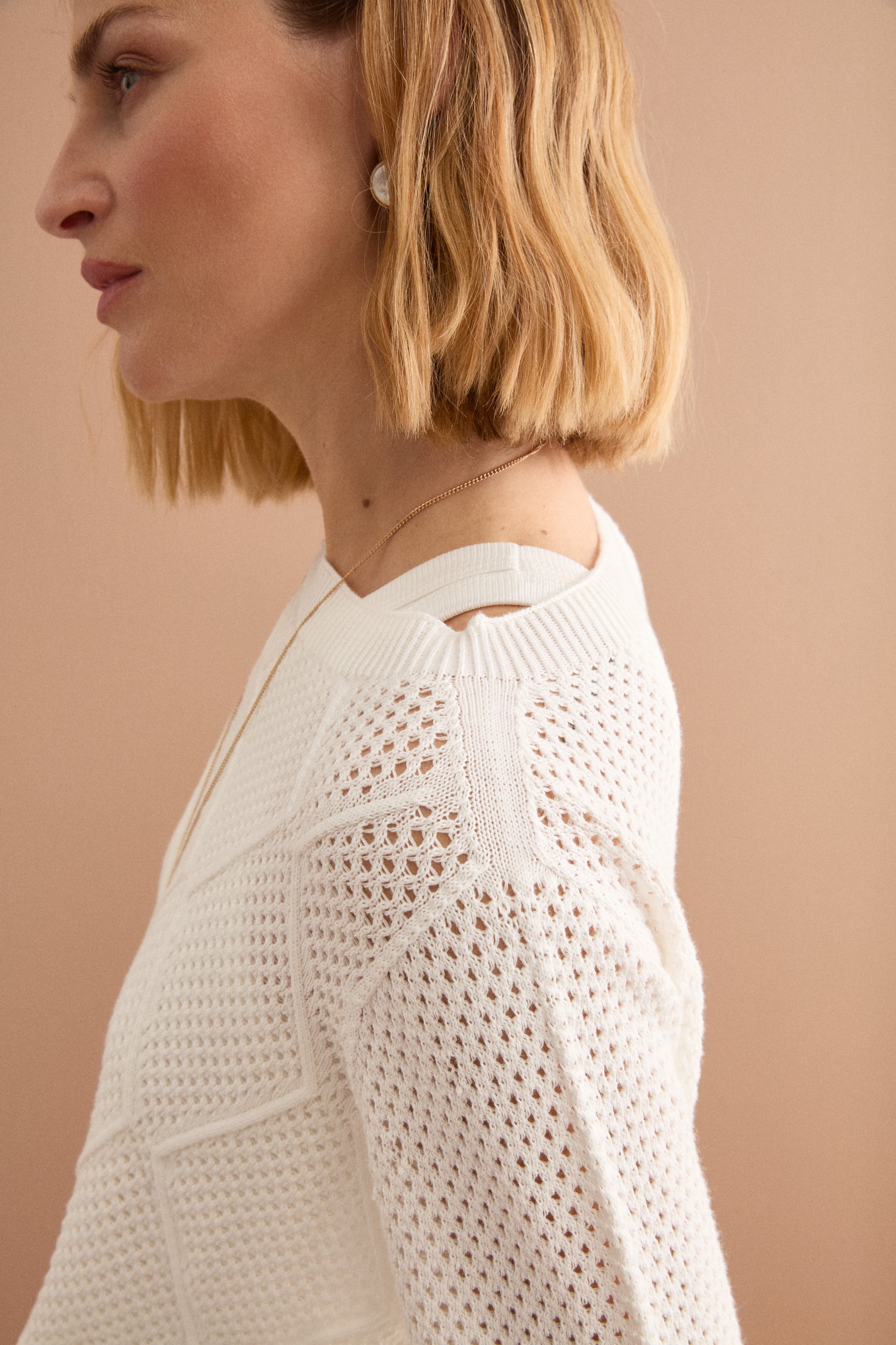 Maglia Barchetta in Cotone con Motivo a Rombi - BIANCO
