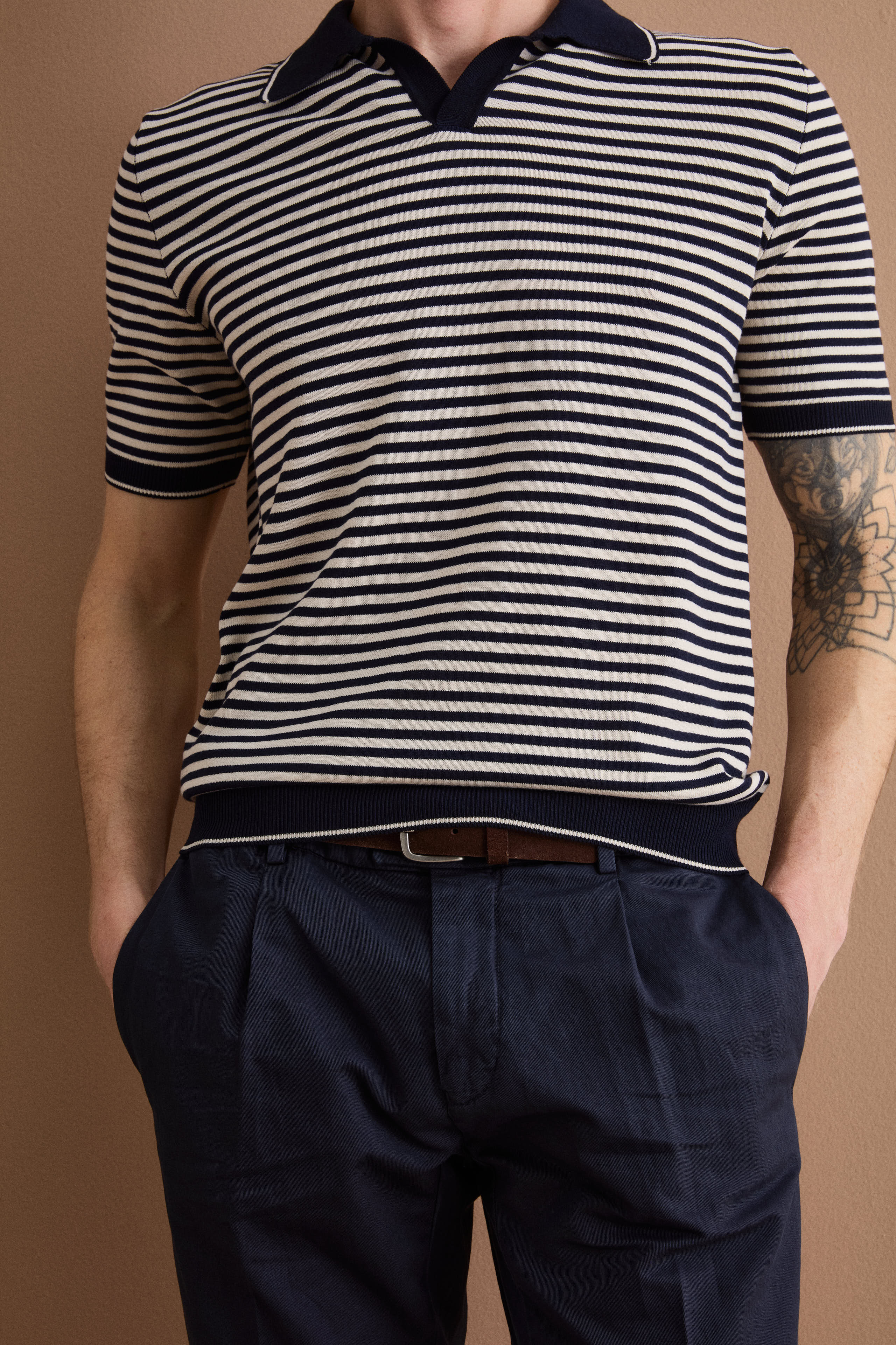 Polo Derby a Righe in Cotone Dry - BLU/PANNA