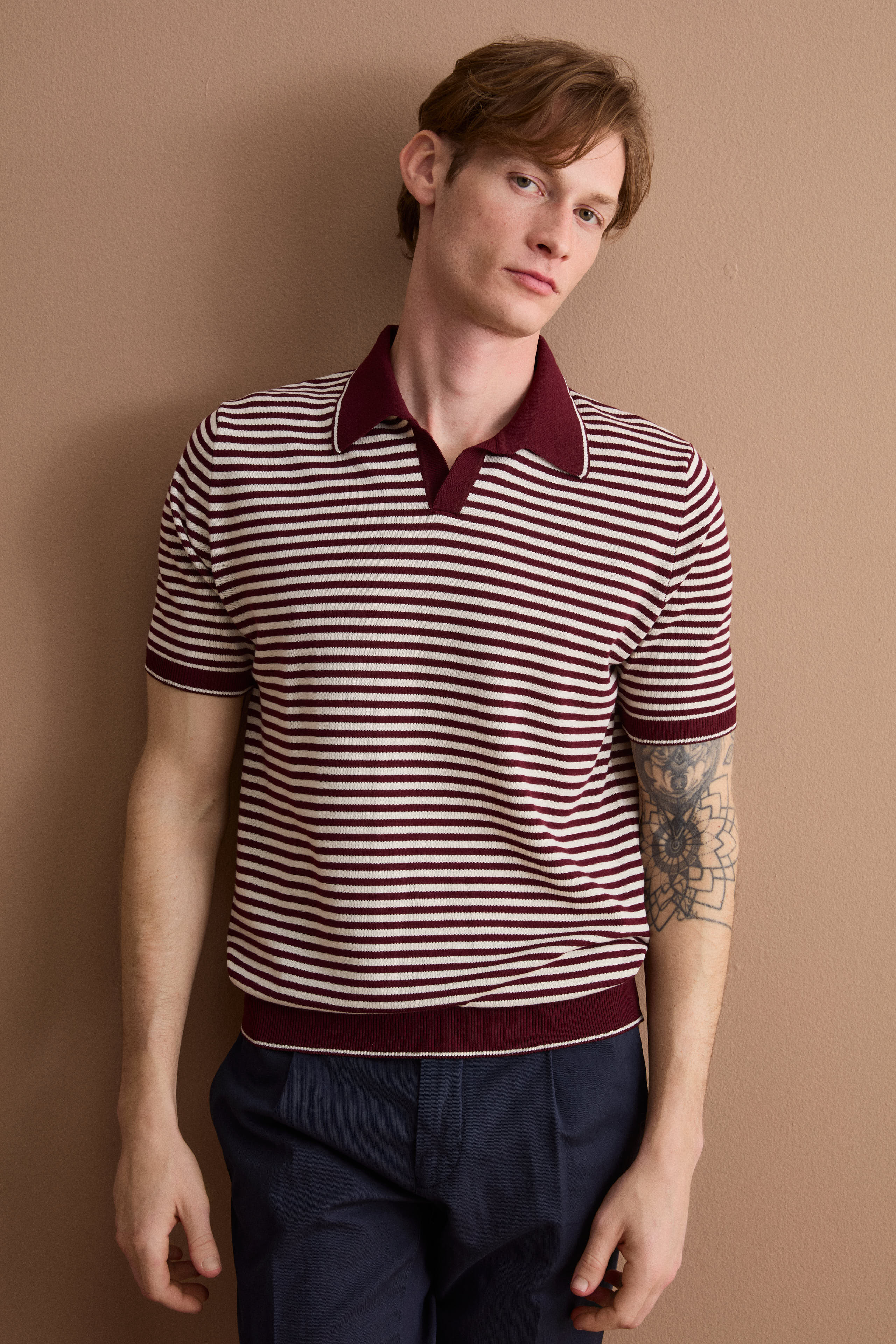 Polo Derby a Righe in Cotone Dry - BORDEAUX/PANNA