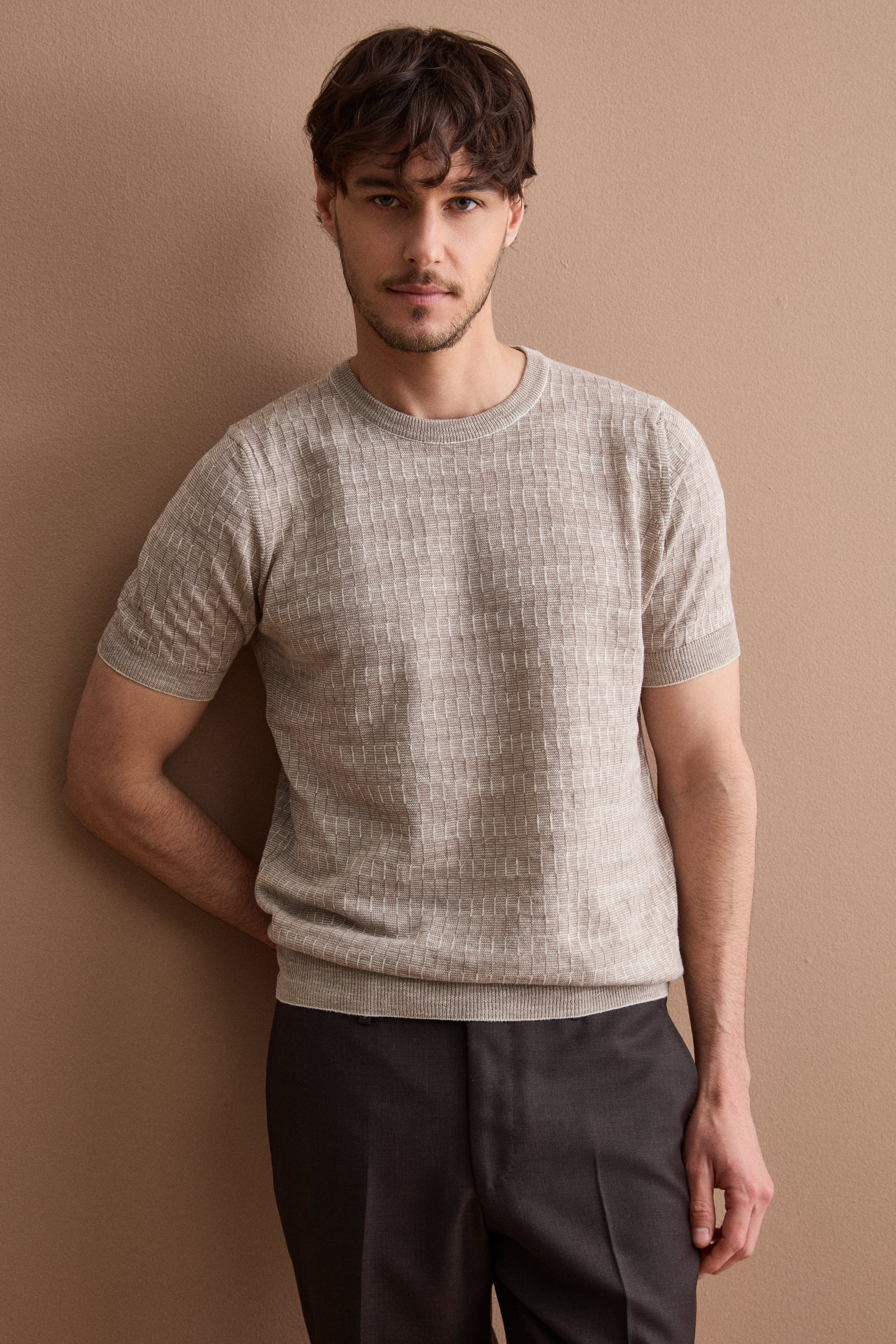 T-shirt in Misto Cotone e Lino Lavorata - BEIGE/PANNA