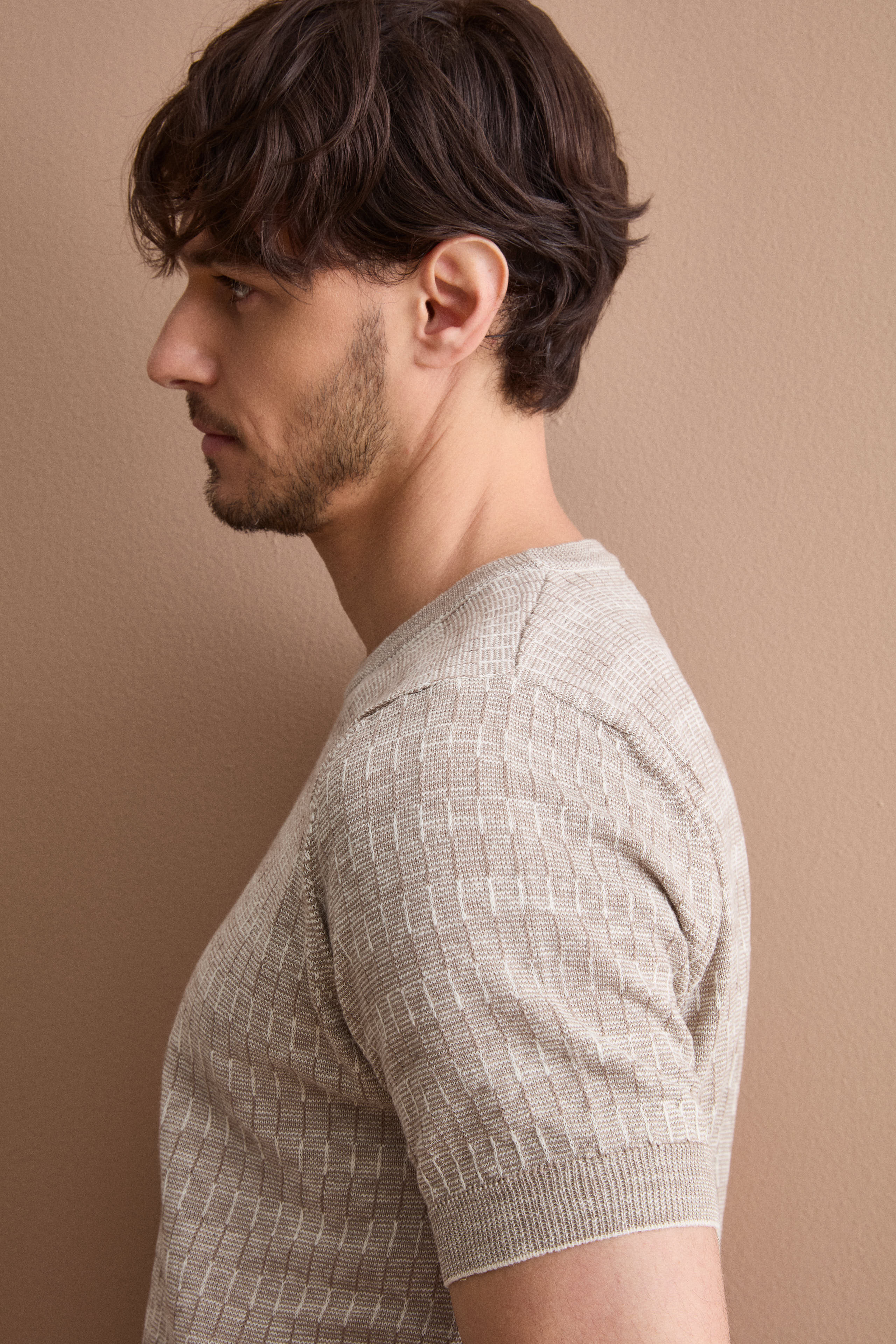 T-shirt in Misto Cotone e Lino Lavorata - BEIGE/PANNA