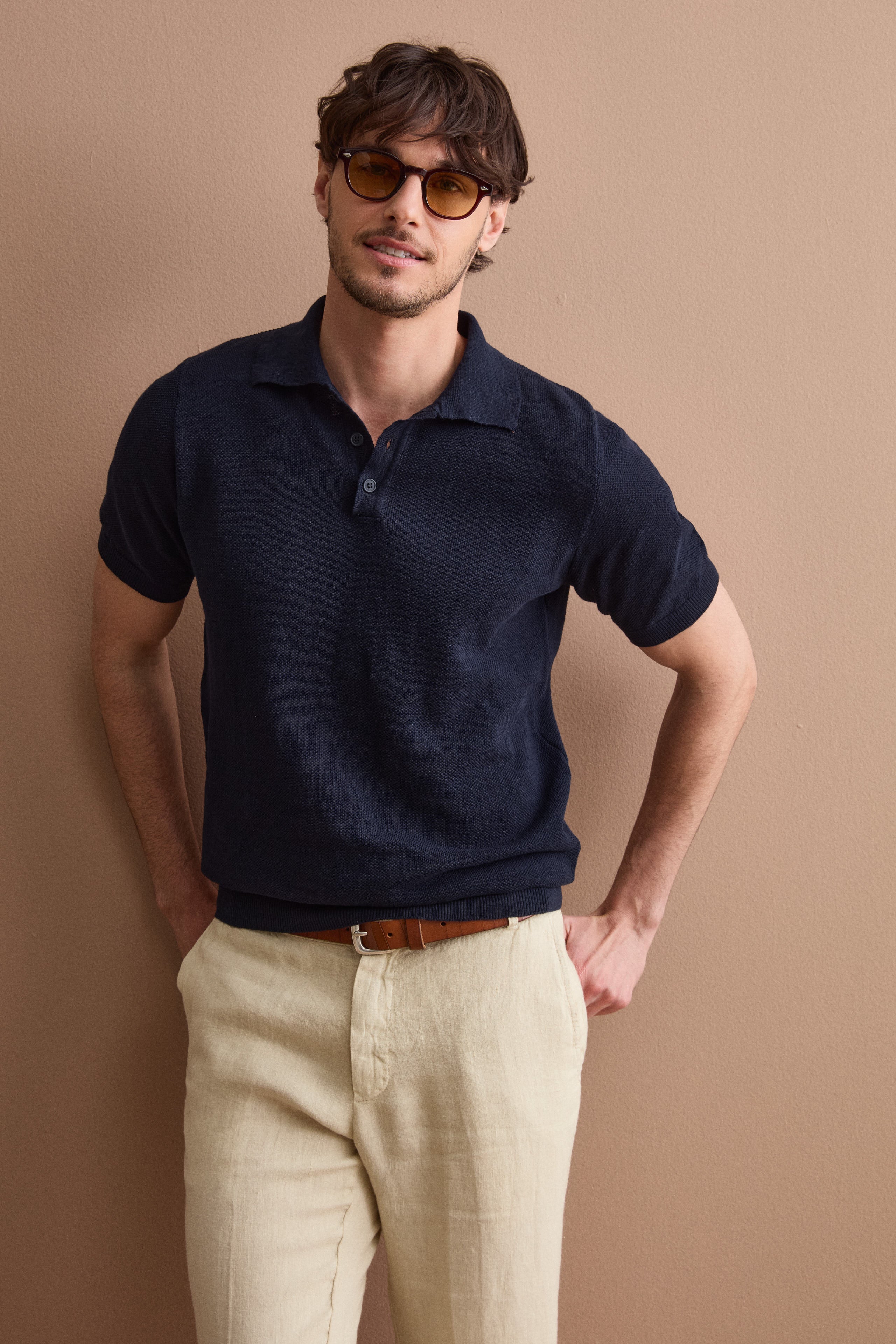 Polo Piquet Mezza Manica in Misto Lino - BLU