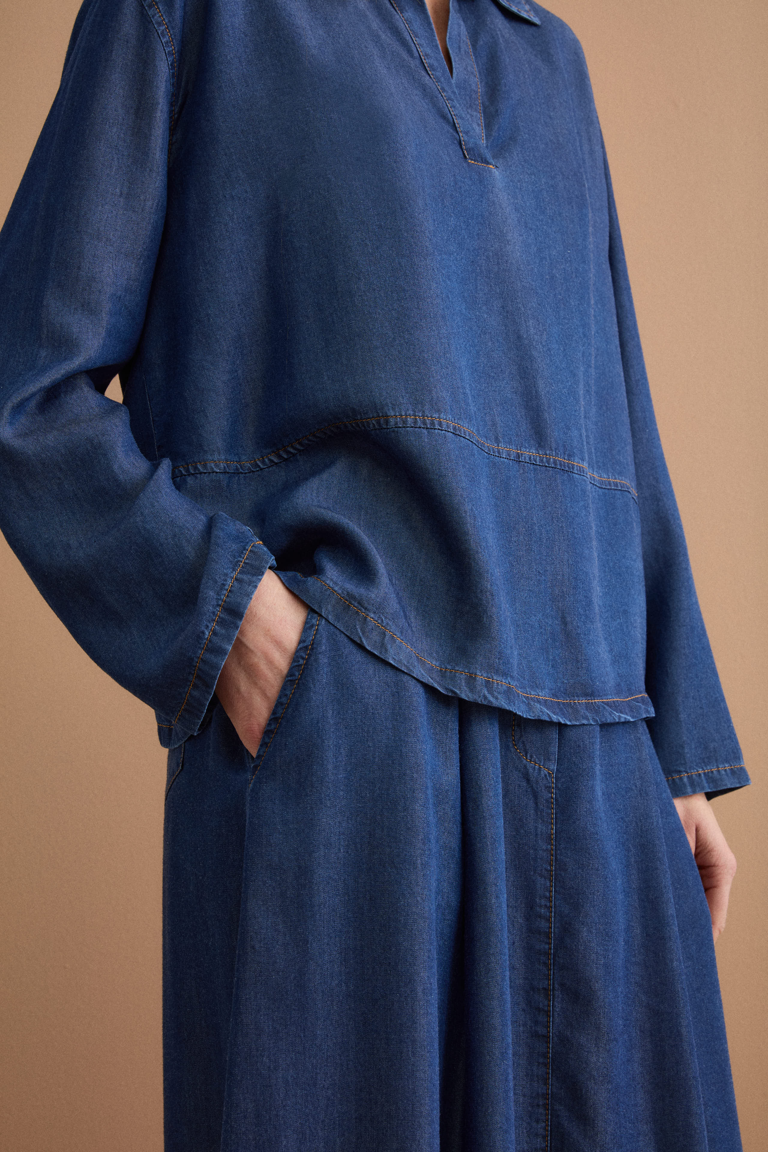 Blusa Denim Over con Colletto a Camicia - DENIM
